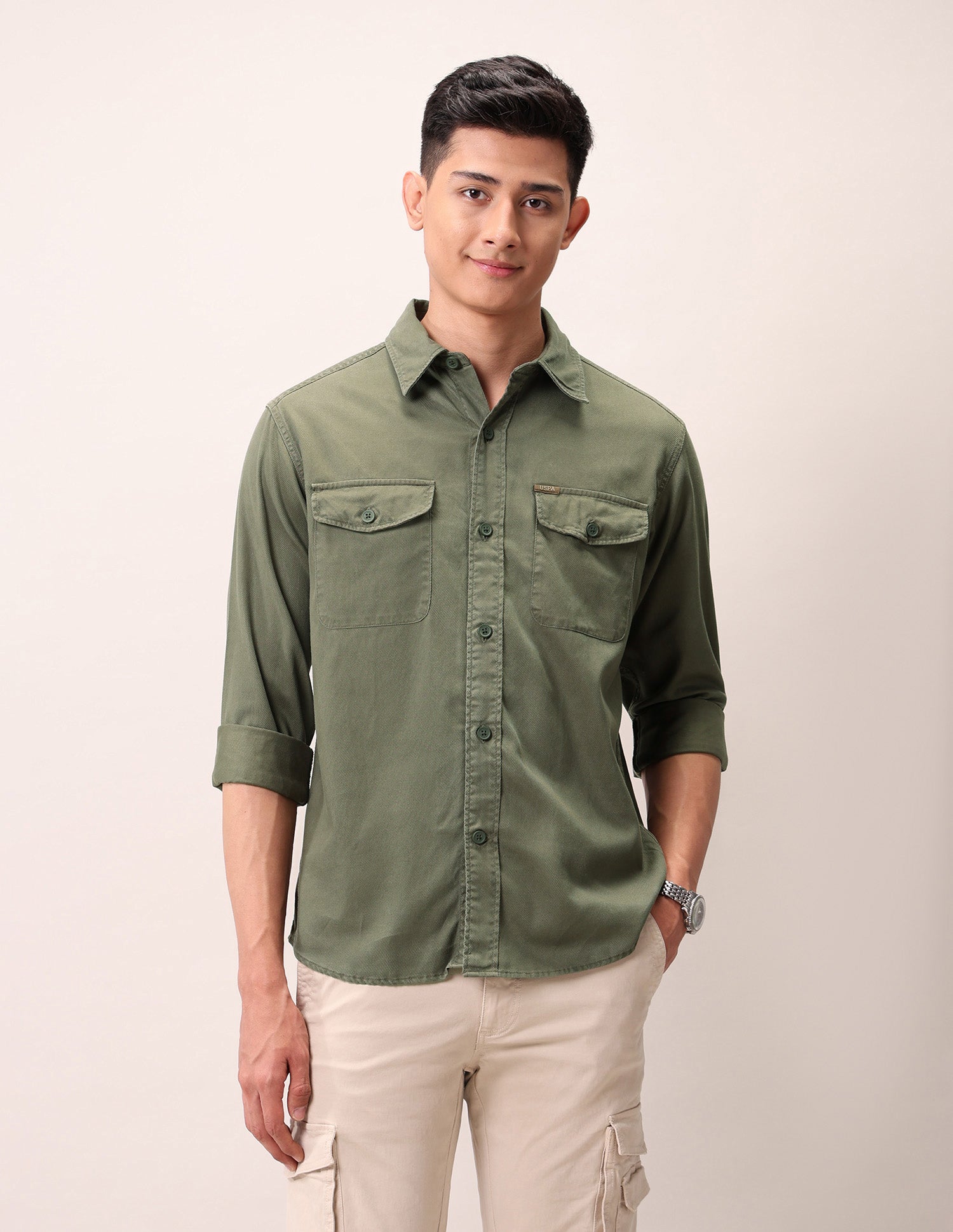 Slim Fit Pure Cotton Shirt Olive - U.S. Polo Assn. India | Large