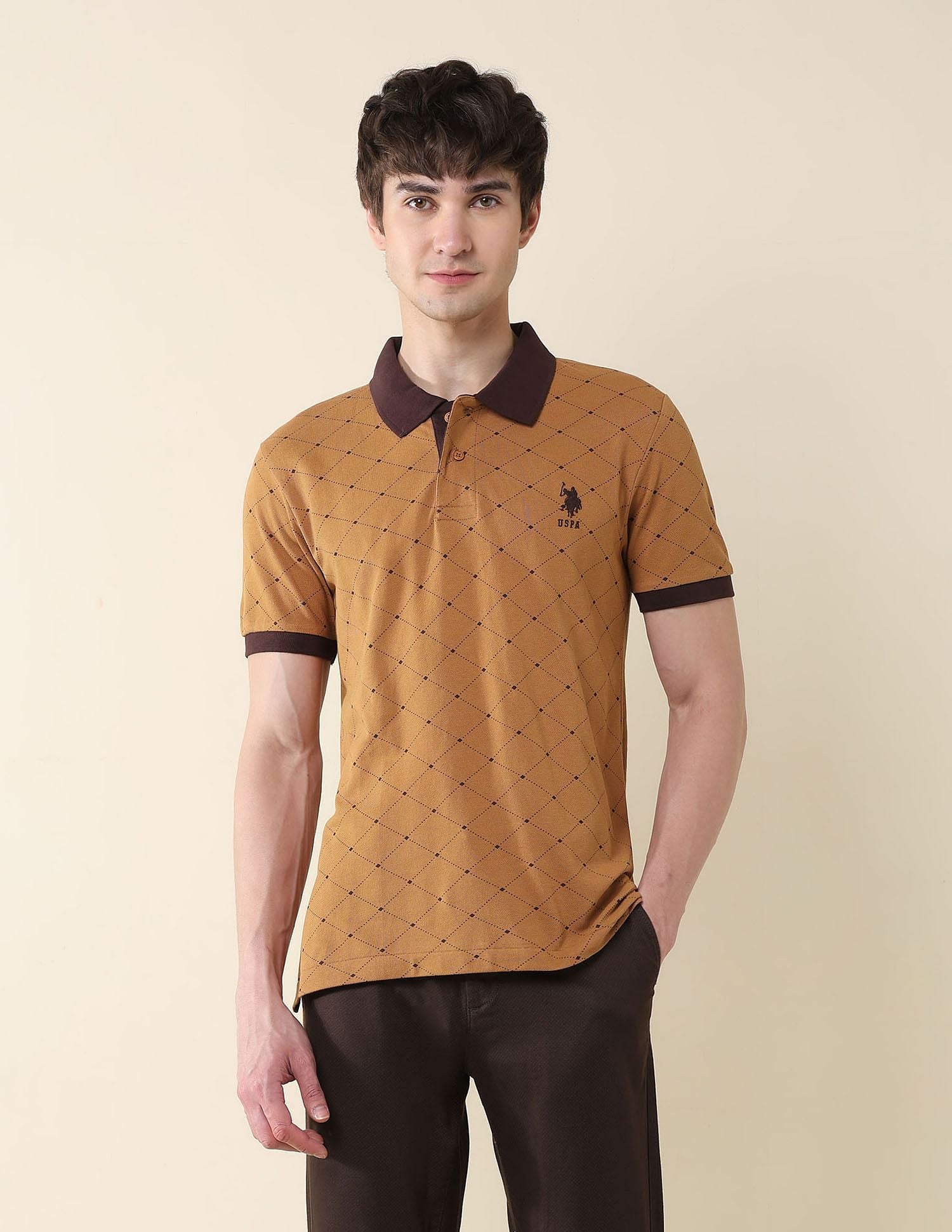 All Over Printed Slim Fit Polo Shirt Brown - U.S. Polo Assn. India | Large