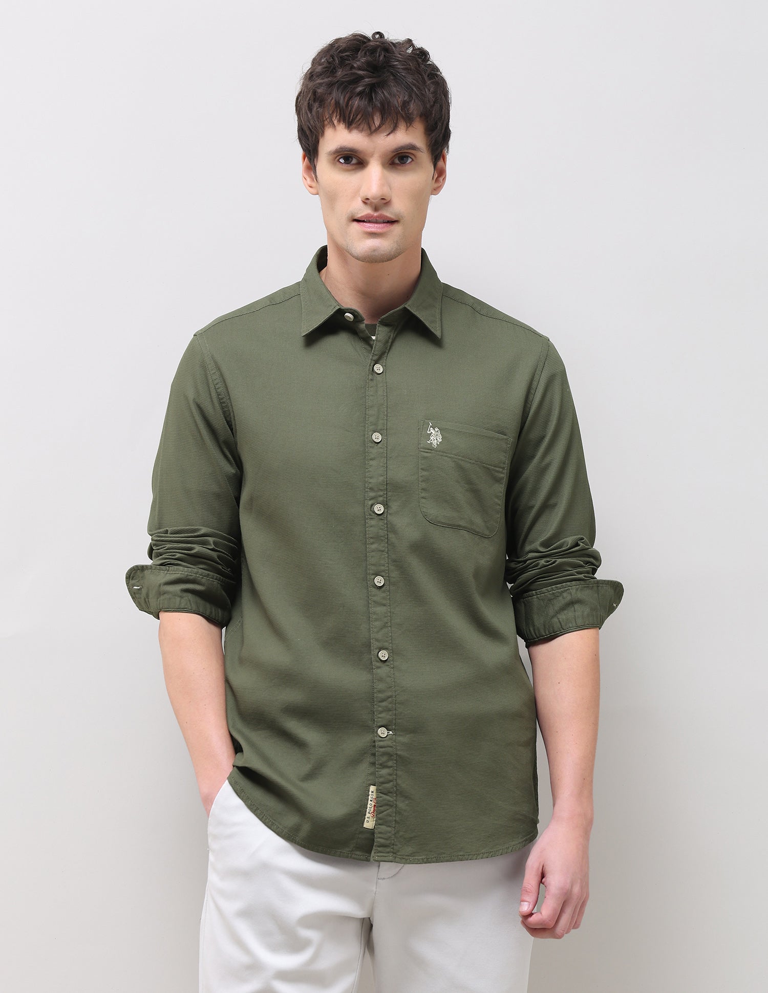 Textured Regular Fit Shirt Olive - U.S. Polo Assn. India | Large