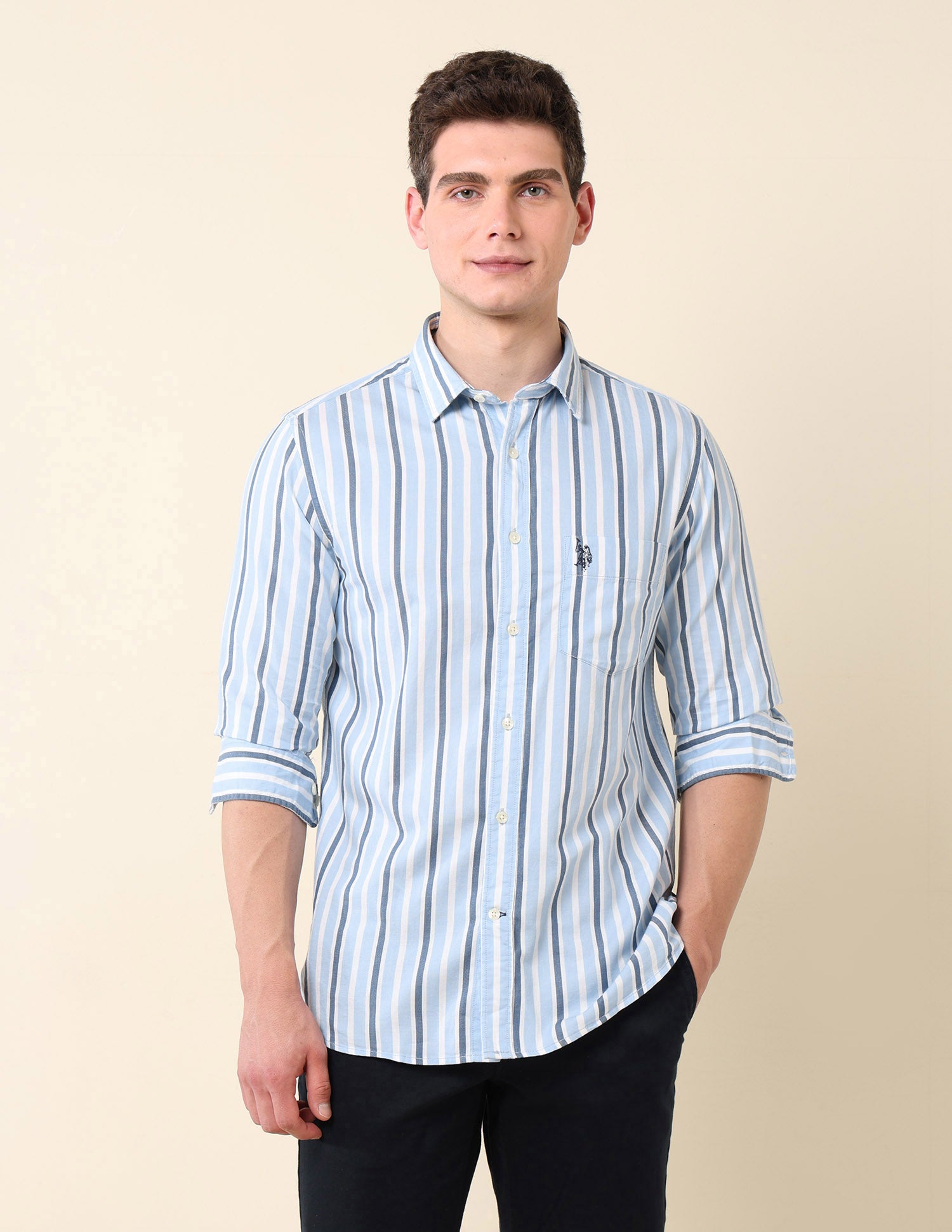 Vertical Striped Pure Cotton Shirt Light Blue - U.S. Polo Assn. India | Large