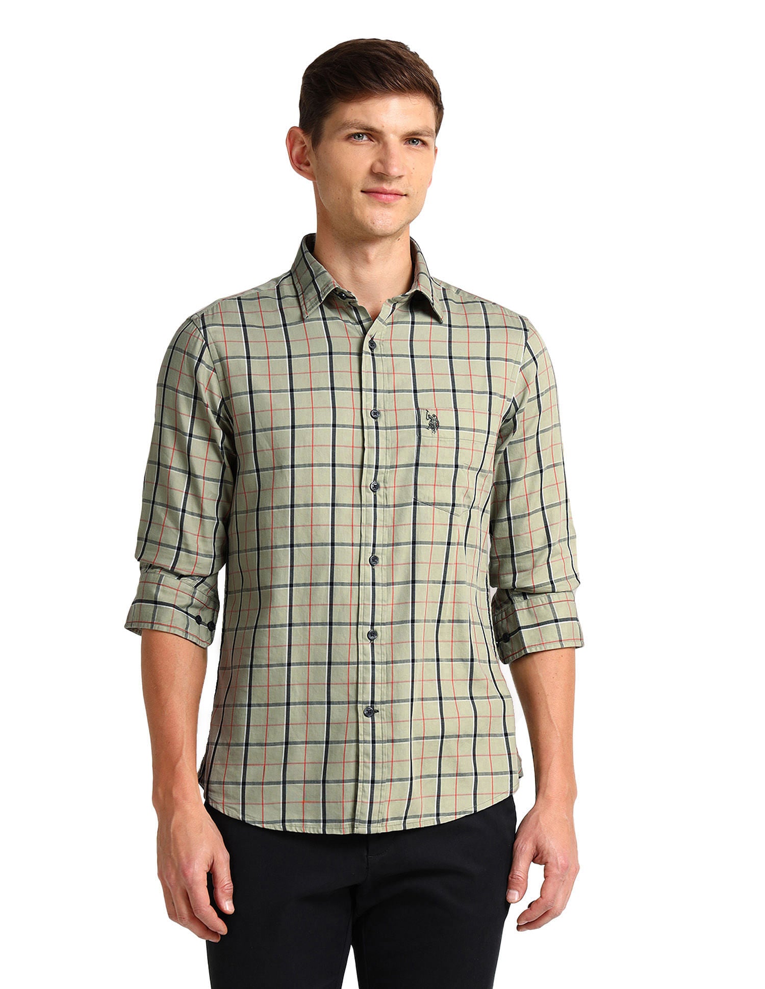 Gun Club Checked Tailored Fit Twill Shirt Medium green - U.S. Polo Assn. India | Large