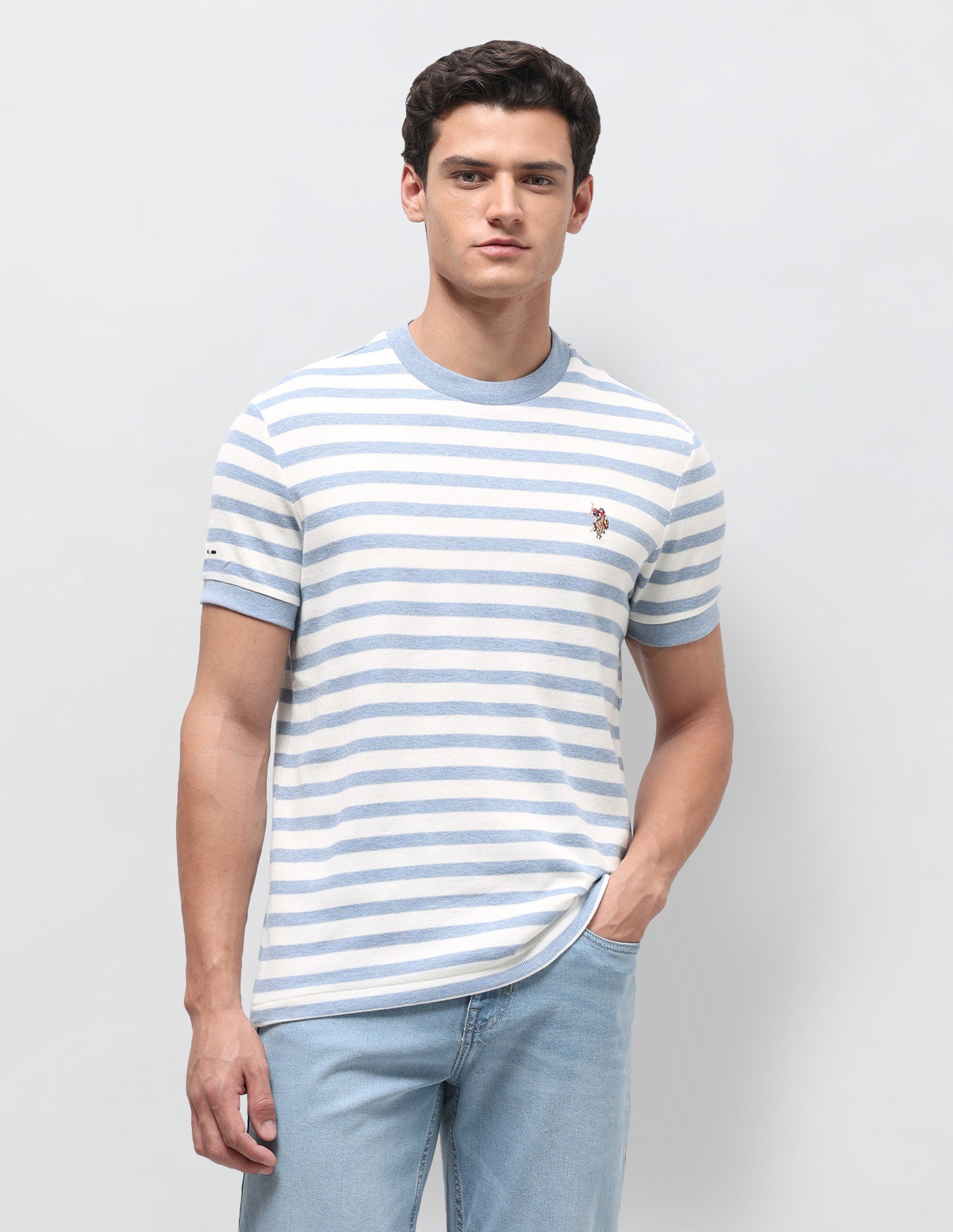 Horizontal Striped Slim Fit T-Shirt Blue Melange - U.S. Polo Assn. India | Large