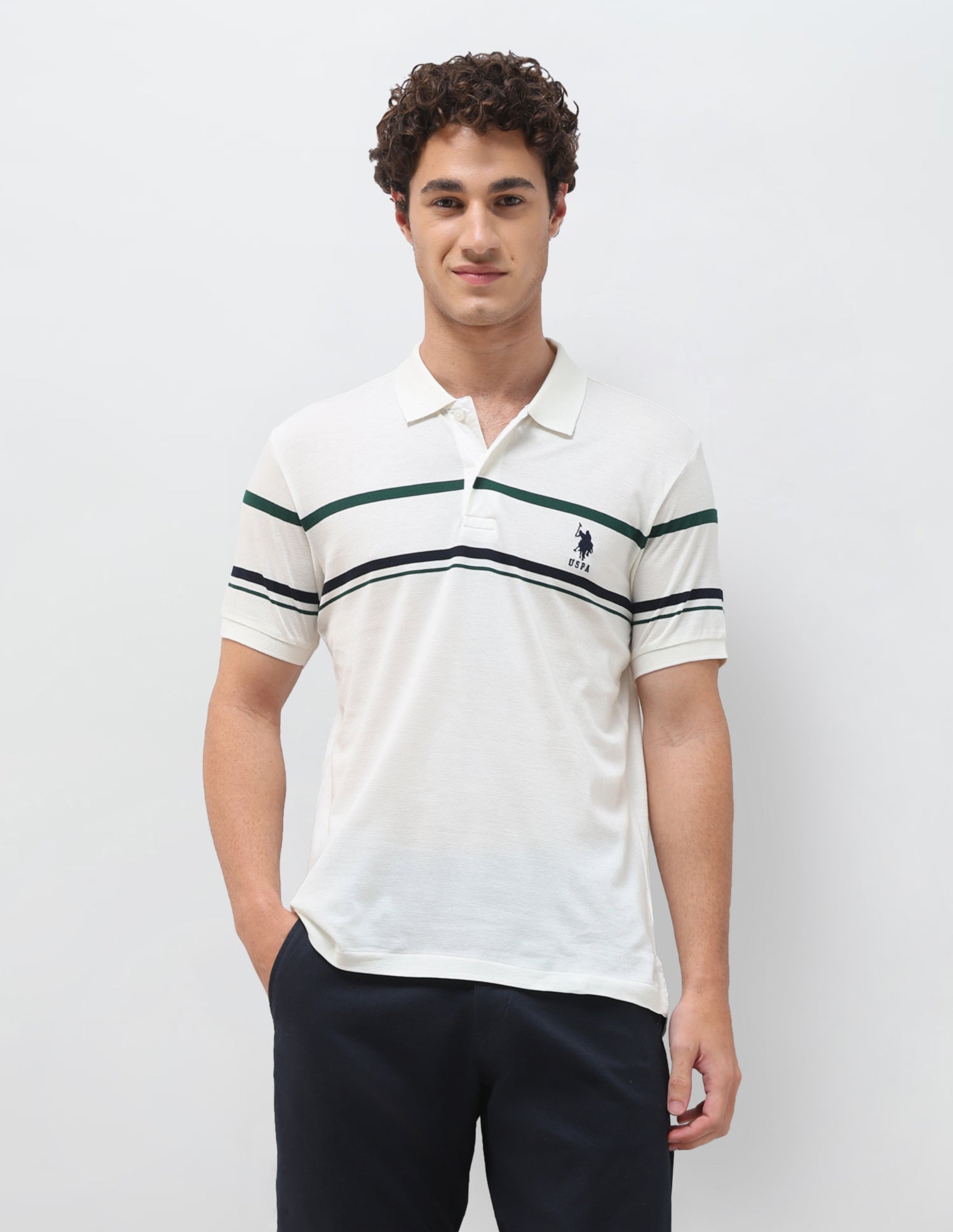Horizontal Striped Slim Fit Polo Shirt White - U.S. Polo Assn. India | Large