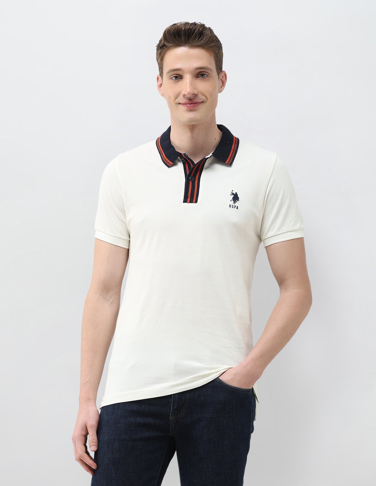 Solid Slim Fit Polo Shirt Off White - U.S. Polo Assn. India | Large