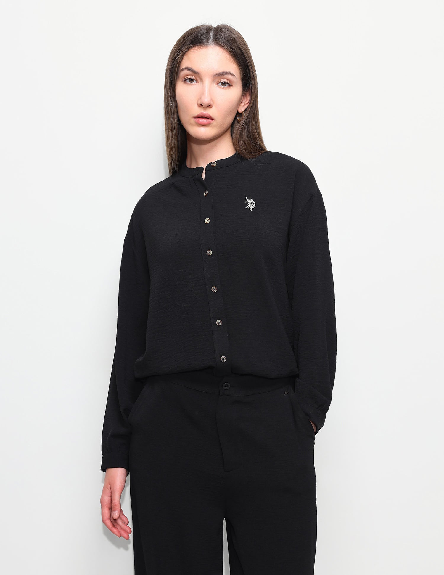 Solid Relaxed Fit Mandarin Shirt Black - U.S. Polo Assn. India | Large