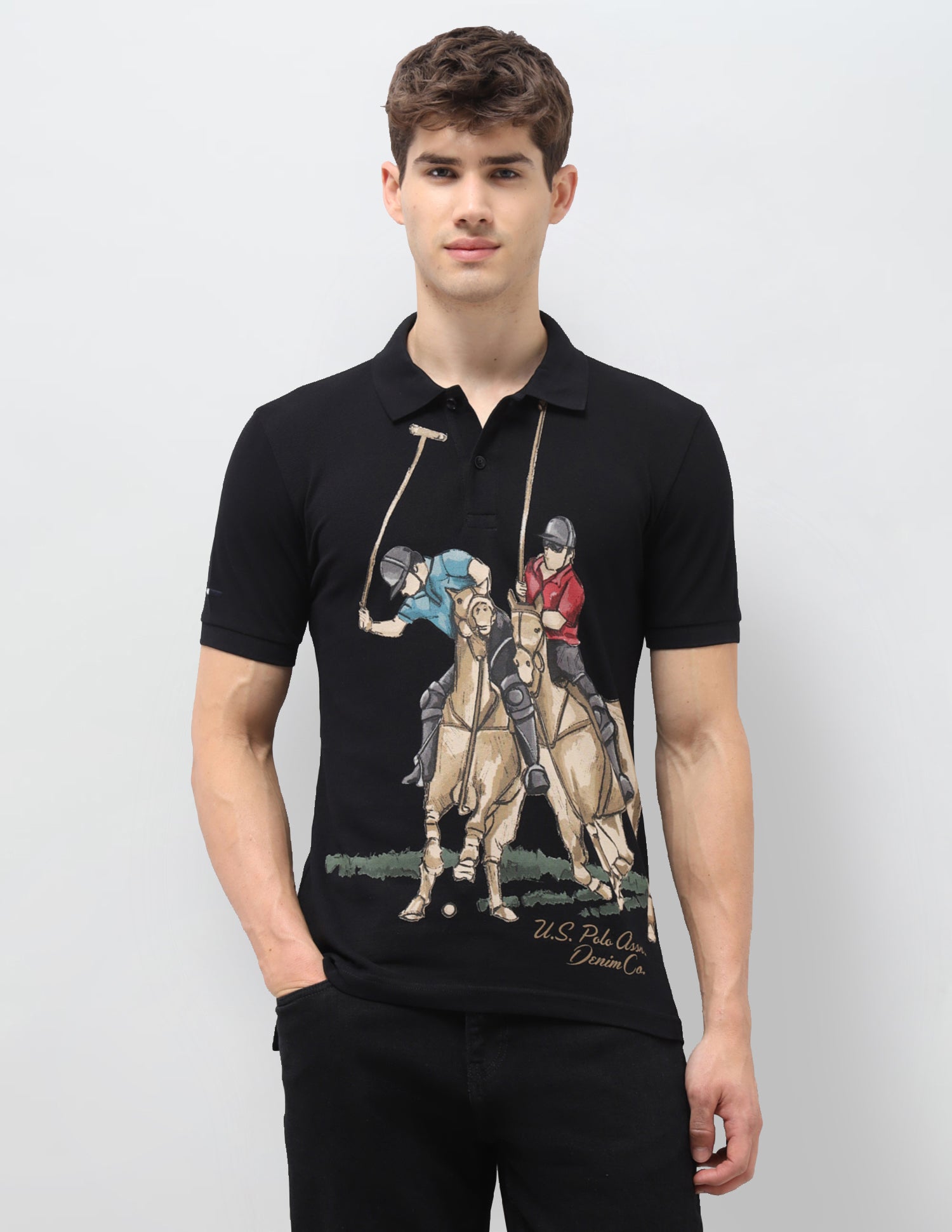 Graphic Brand Printed Muscle Fit Polo Shirt Black - U.S. Polo Assn. India | Large
