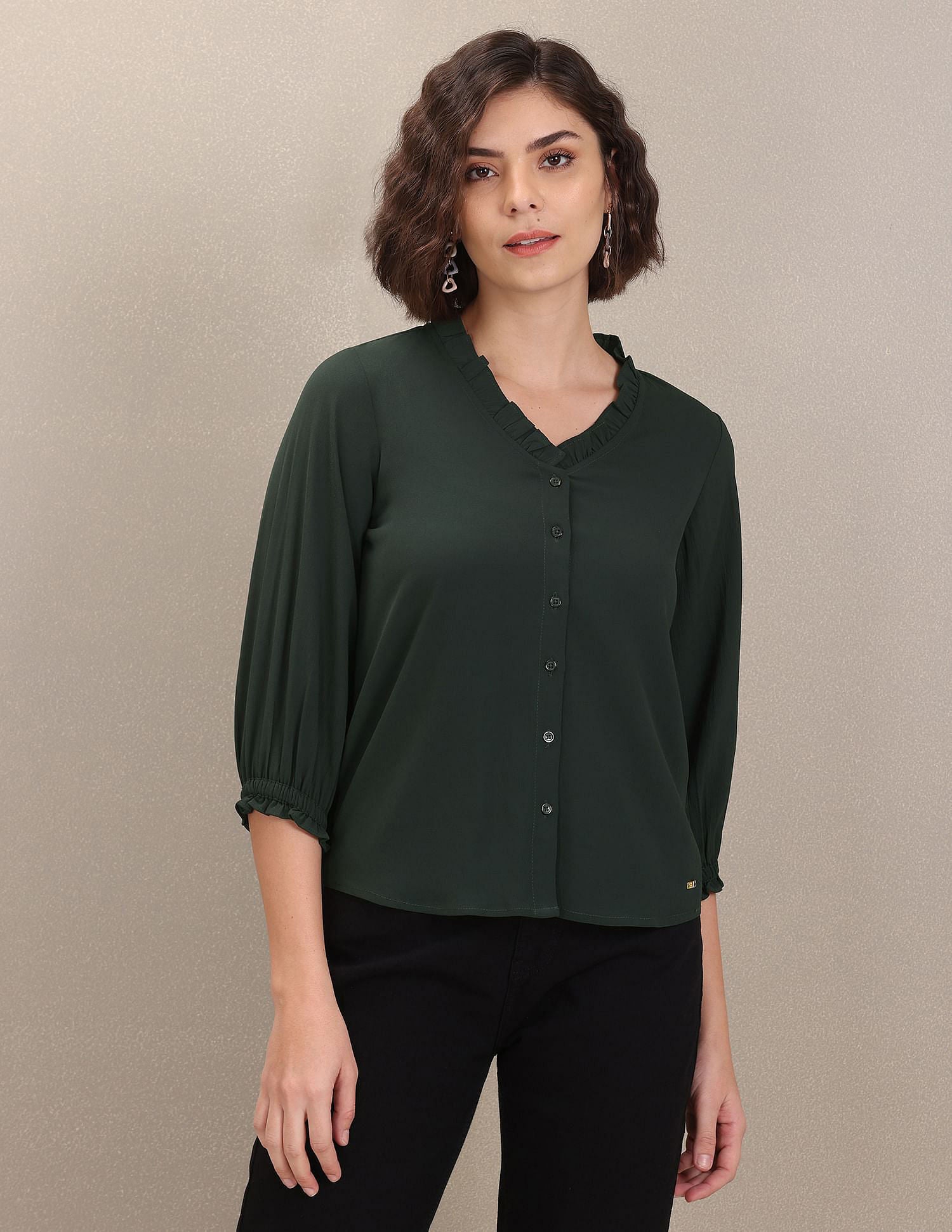 Ruffled V-Neck Solid Top Dark Green - U.S. POLO ASSN. | Large