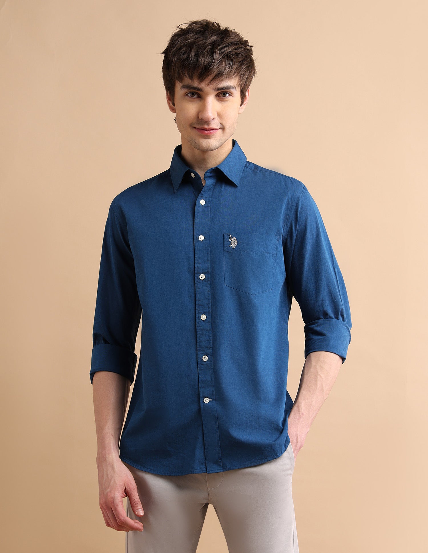 Textured Cotton Shirt Dark Blue - U.S. POLO ASSN. | Large