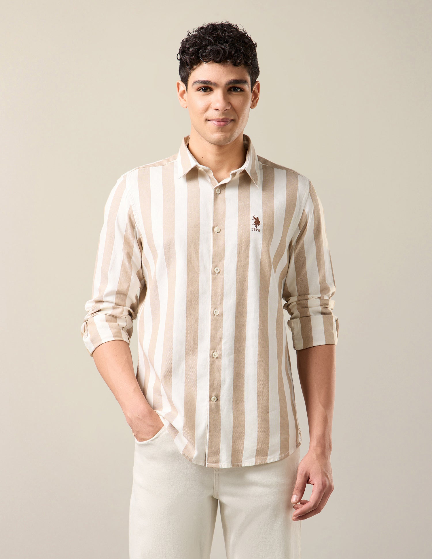 Vertical Striped Regular Fit Shirt Khaki - U.S. Polo Assn. India | Large
