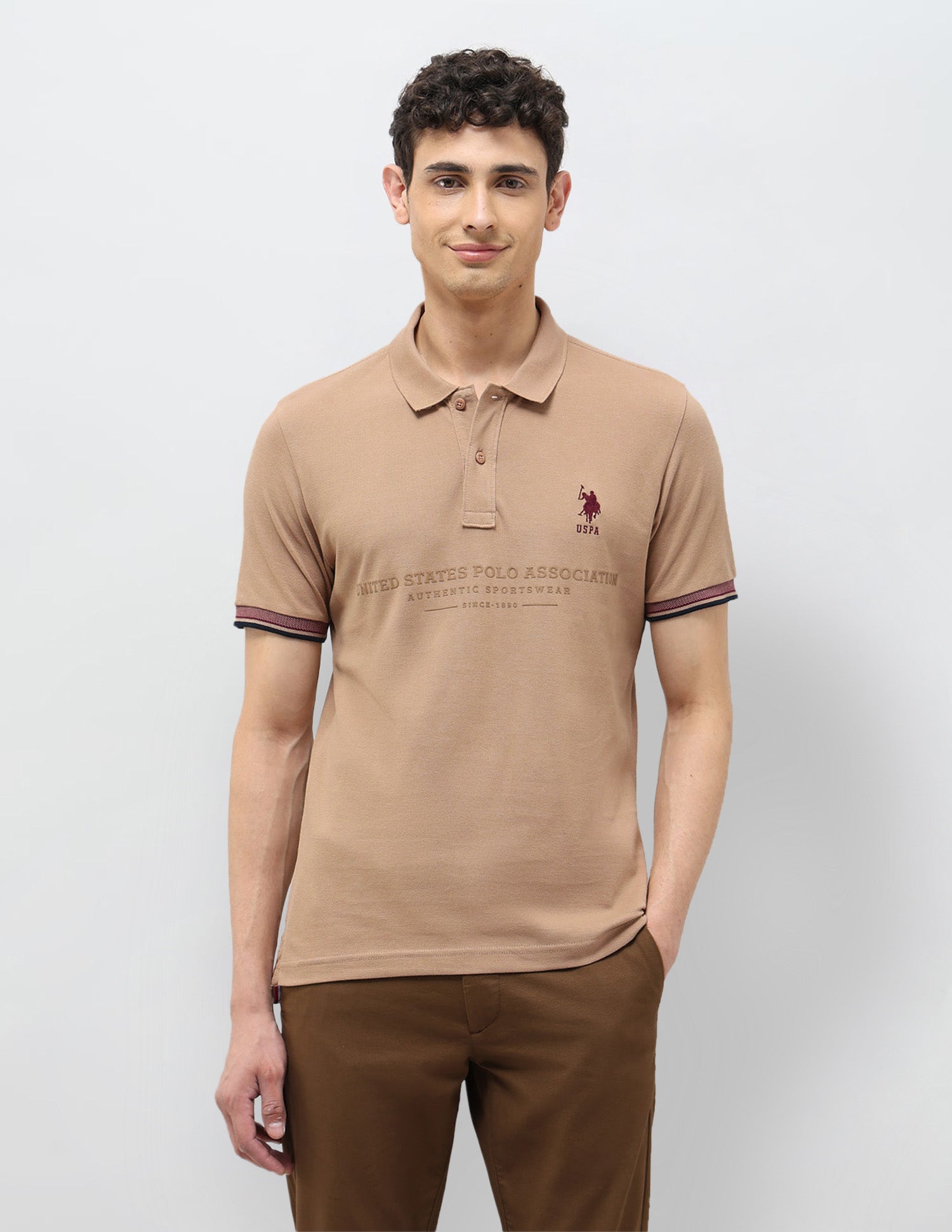 Typographic Printed Slim Fit Polo shirt Beige - U.S. Polo Assn. India | Large