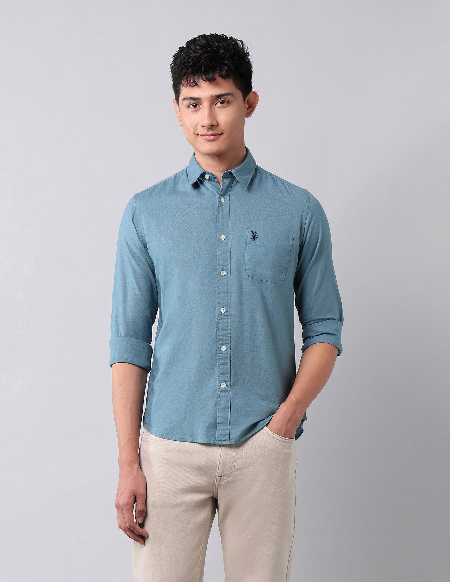 Solid Pure Cotton Shirt Teal - U.S. Polo Assn. India | Large