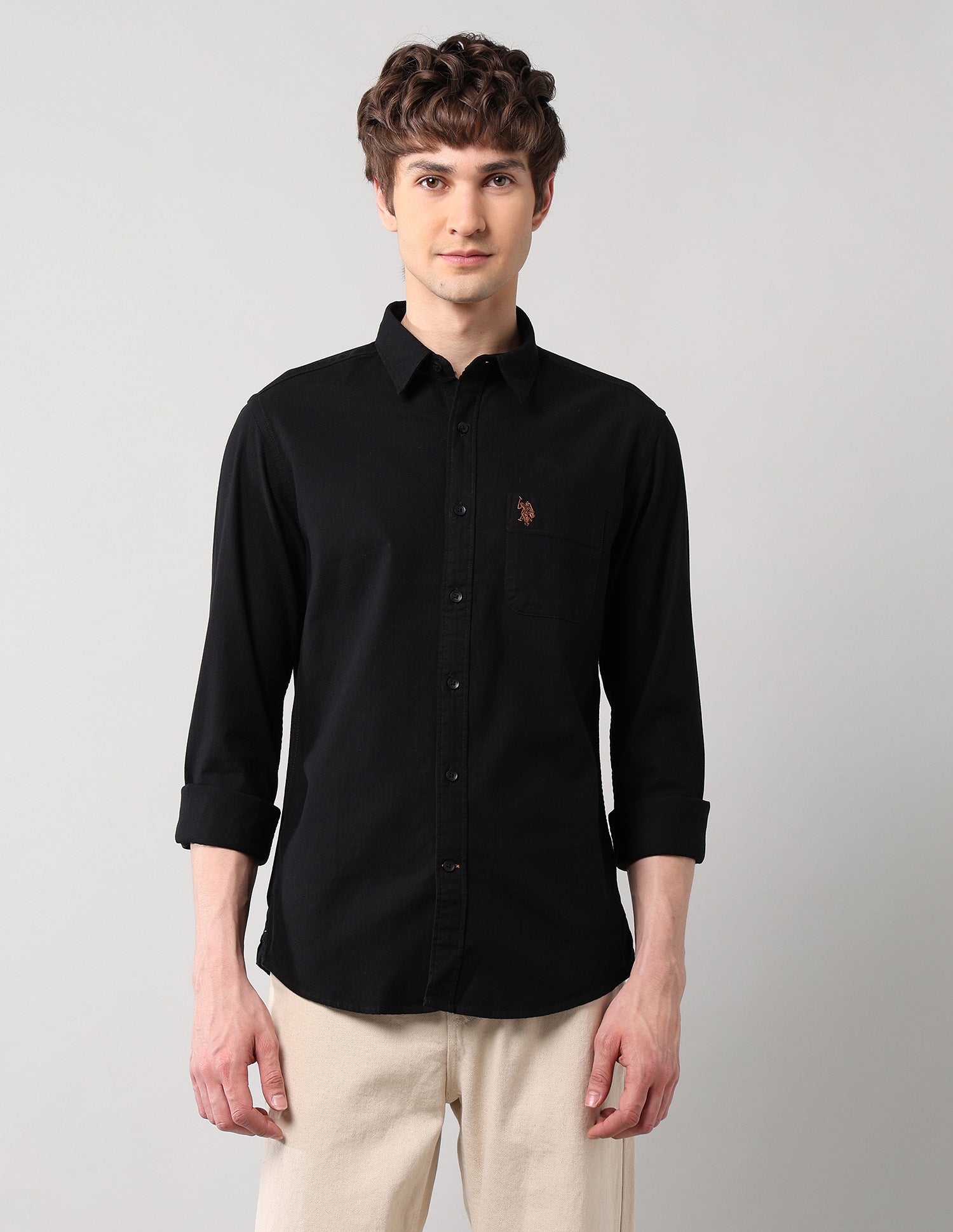 Pure Cotton Regular Fit Dobby Shirt Black - U.S. Polo Assn. India | Large