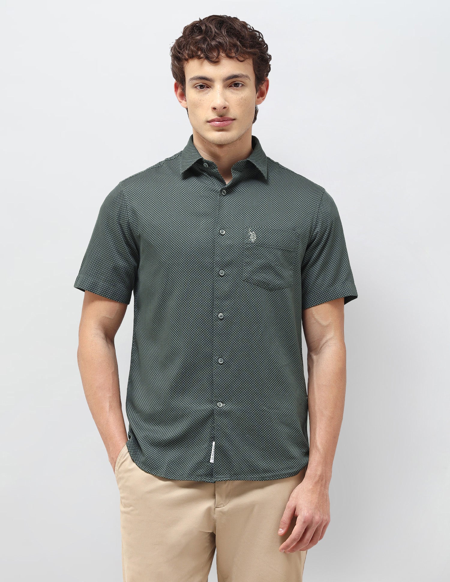 Regular Fit Self Design Geometric Shirt Olive - U.S. Polo Assn. India | Large