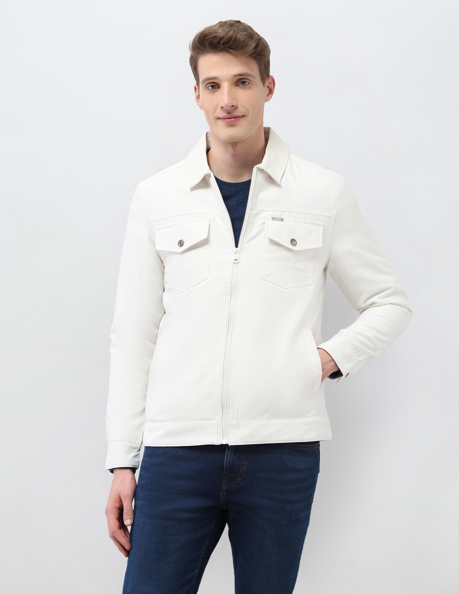Solid Regular Fit Jacket Off White - U.S. Polo Assn. India | Large