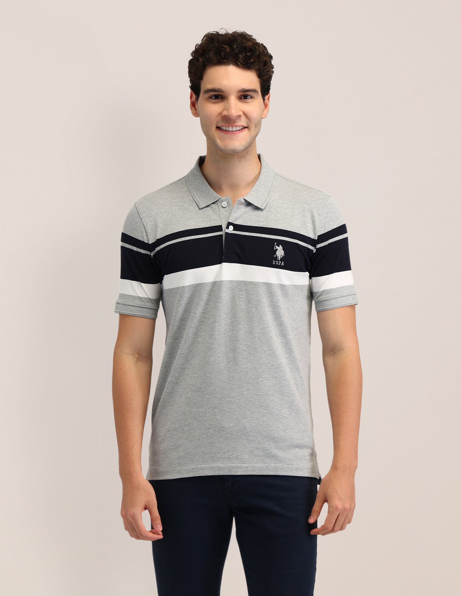 Horizontal Striped Slim Fit Polo Shirt Light Grey - U.S. Polo Assn. India | Large