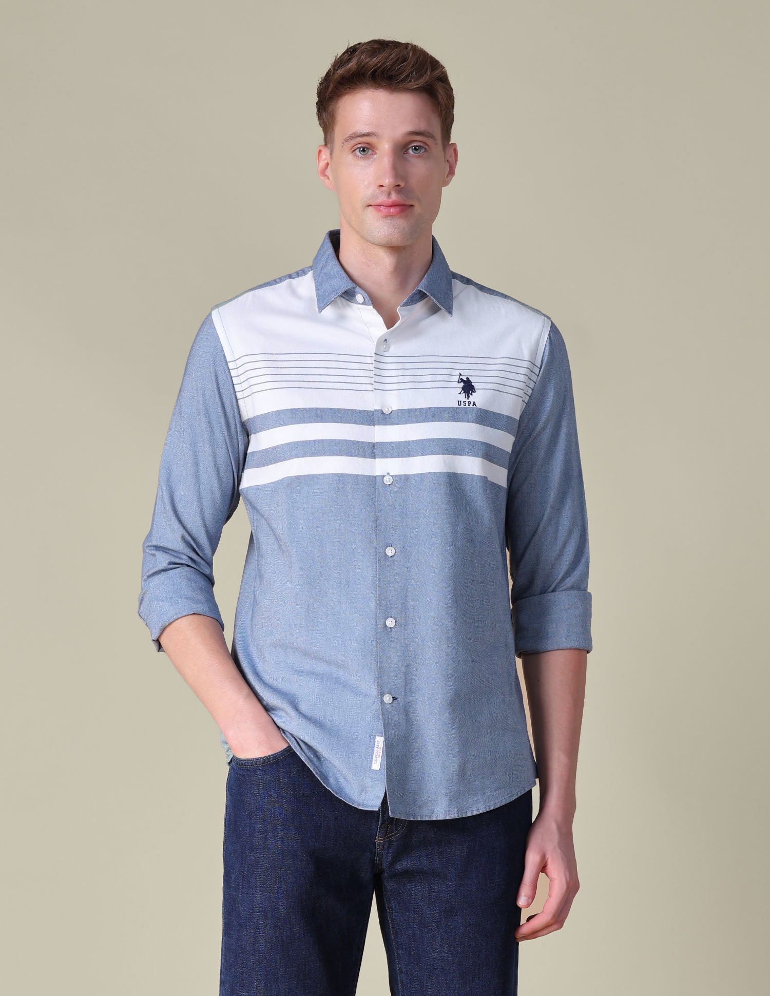 Oxford Horizontal Striped Shirt Ivory - U.S. POLO ASSN. | Large