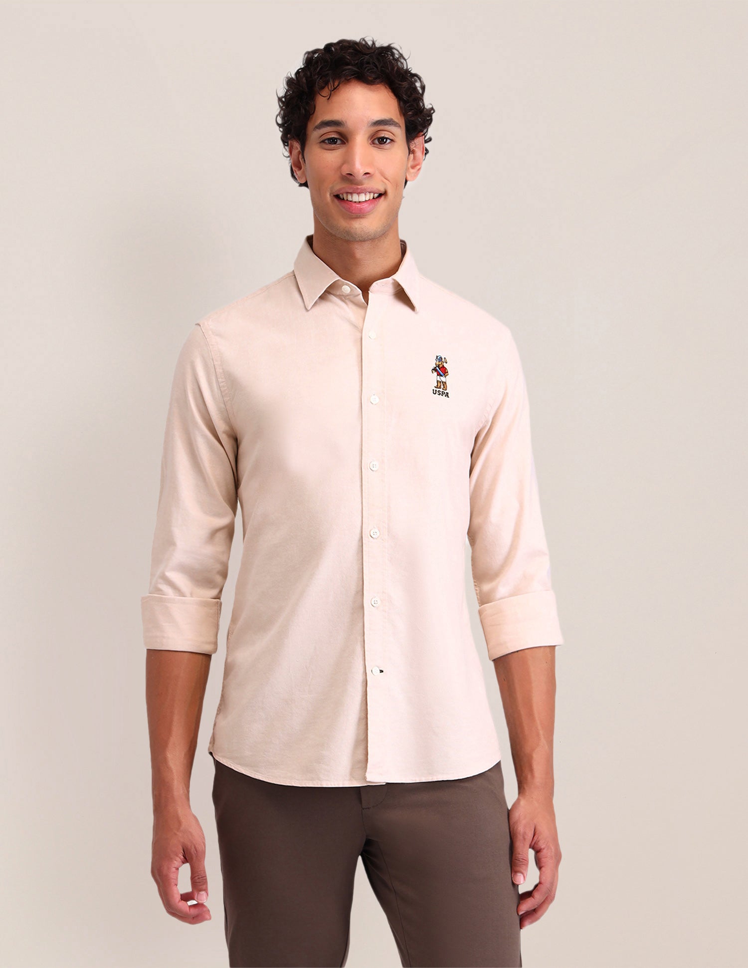 Solid Cotton Shirt Beige - U.S. POLO ASSN. | Large