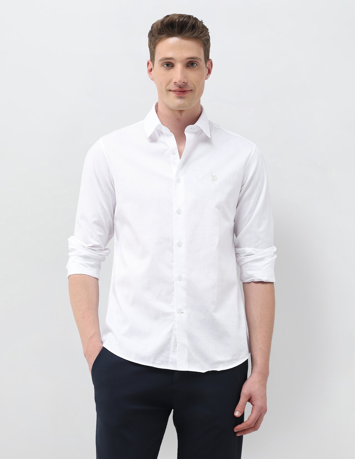 Dobby Self Design Grid Tattersall Checked Shirt White - U.S. Polo Assn. India | Large
