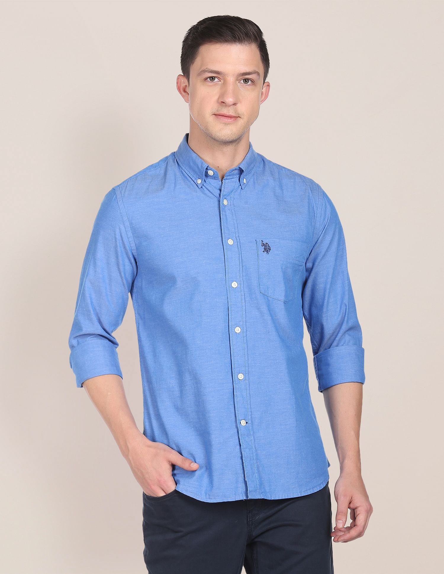 Men Blue Button Down Collar Oxford Casual Shirt Blue - U.S. POLO ASSN. | Large