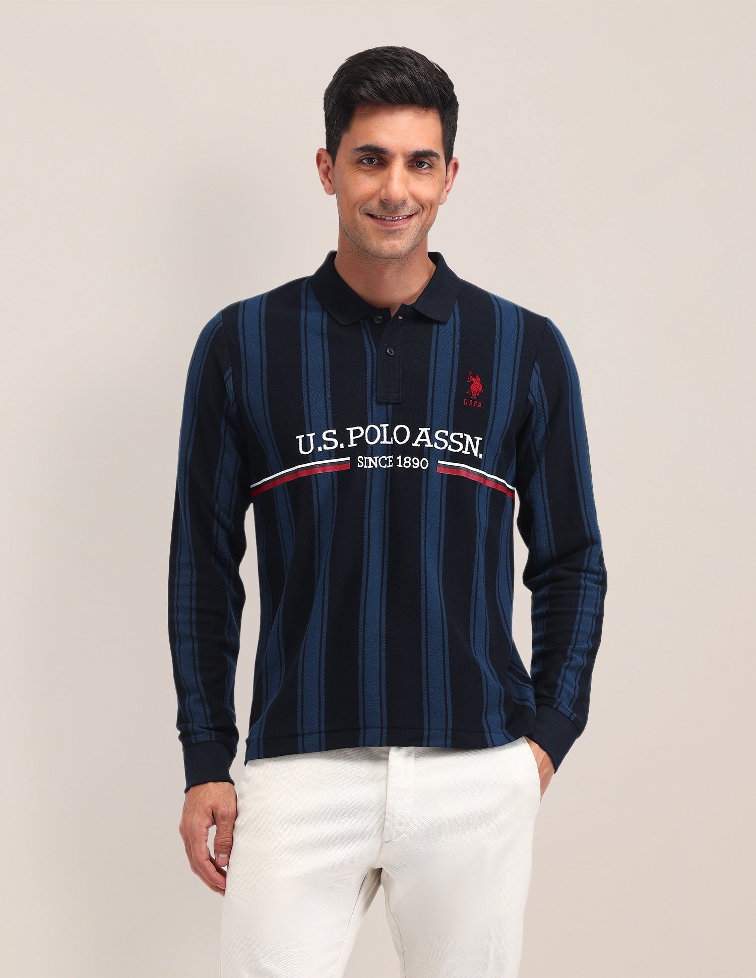 Vertical Striped Cotton Polo Shirt Navy - U.S. POLO ASSN. | Large