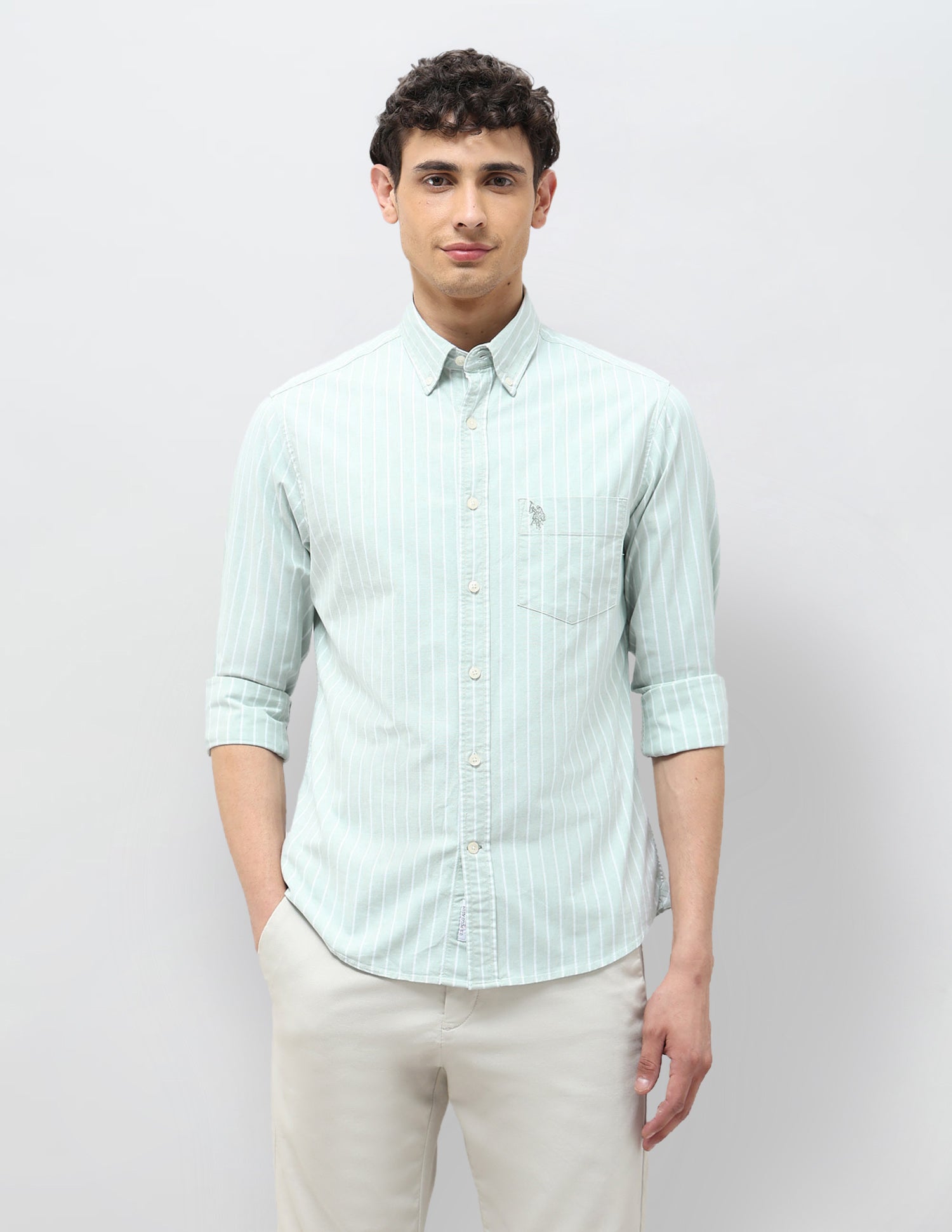 Vertical Striped Tailored Fit Shirt Light Green - U.S. POLO ASSN. | Large