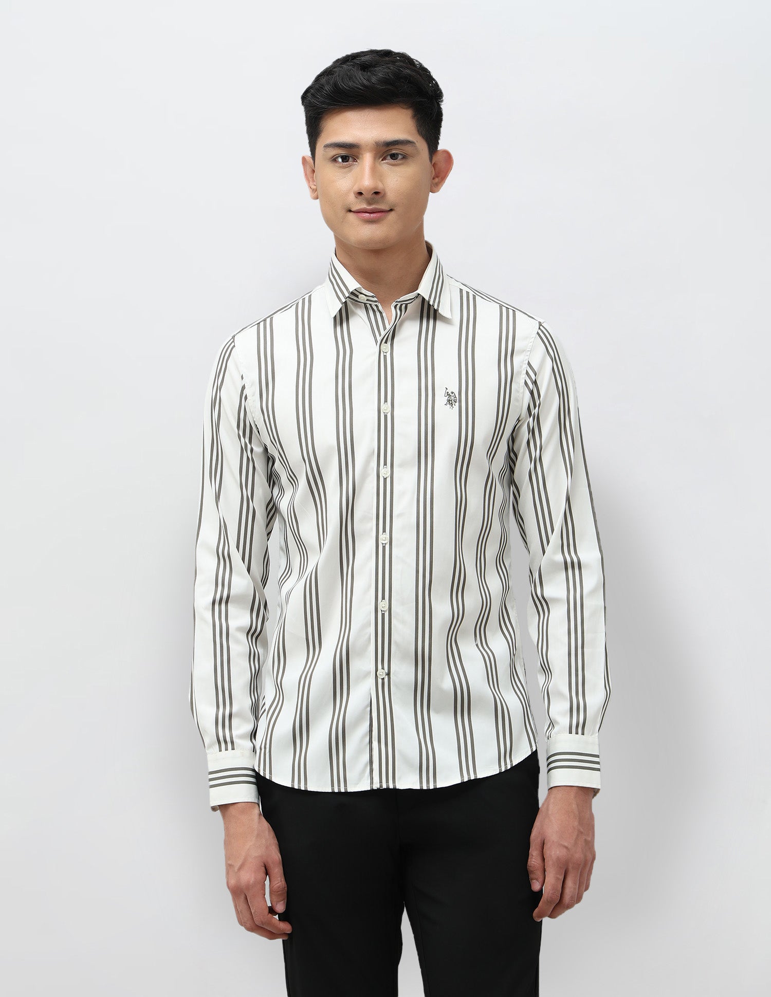 Vertical Striped Pure Cotton Shirt Olive - U.S. POLO ASSN. | Large