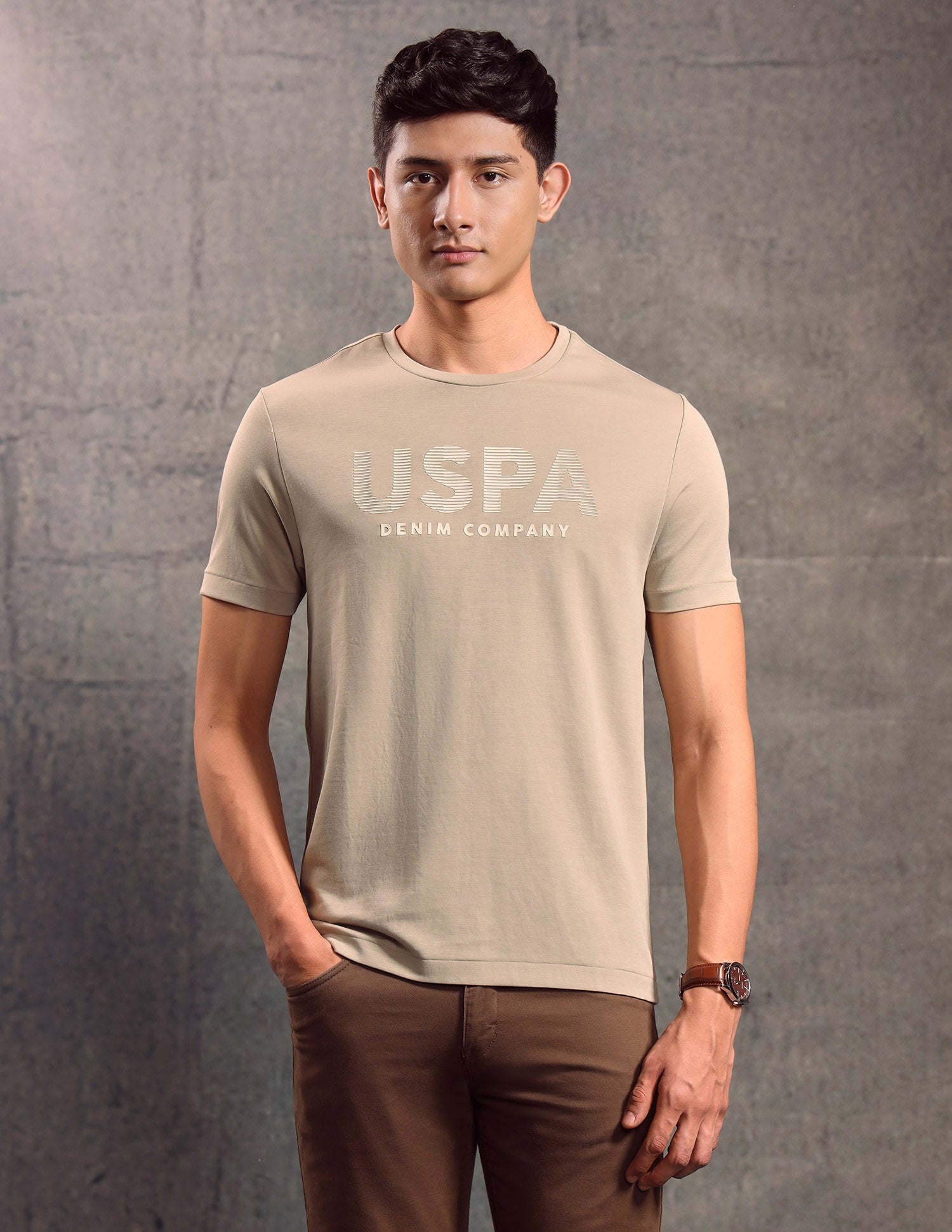 Brand Embossed Regular Fit T-shirt Beige - U.S. POLO ASSN. | Large