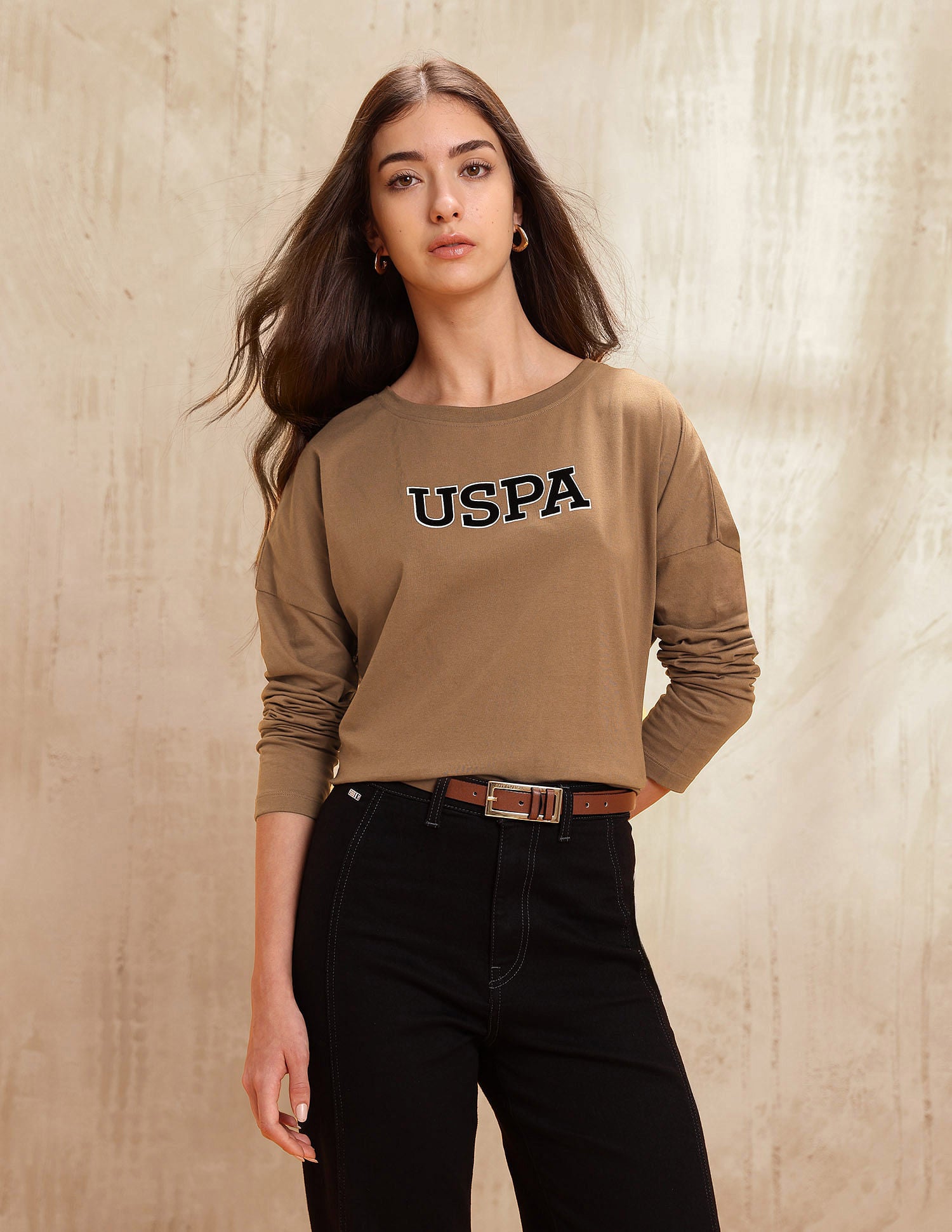 Crew Neck Drop Shoulder Full Sleeves Tshirt With Flock Print Brown - U.S. POLO ASSN. | Large