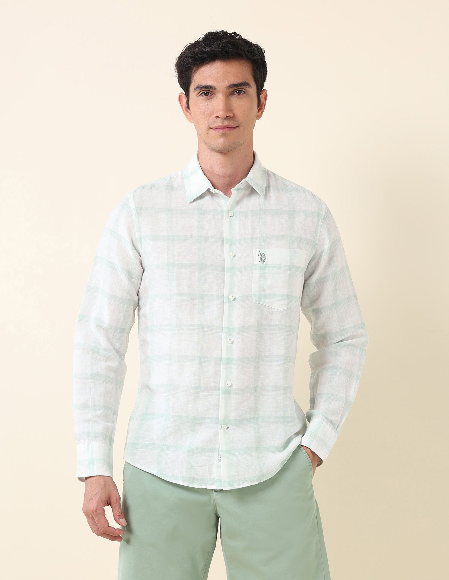 Tailored Fit Grid Tattersall Checked Shirt Light Green - U.S. Polo Assn. India | Large
