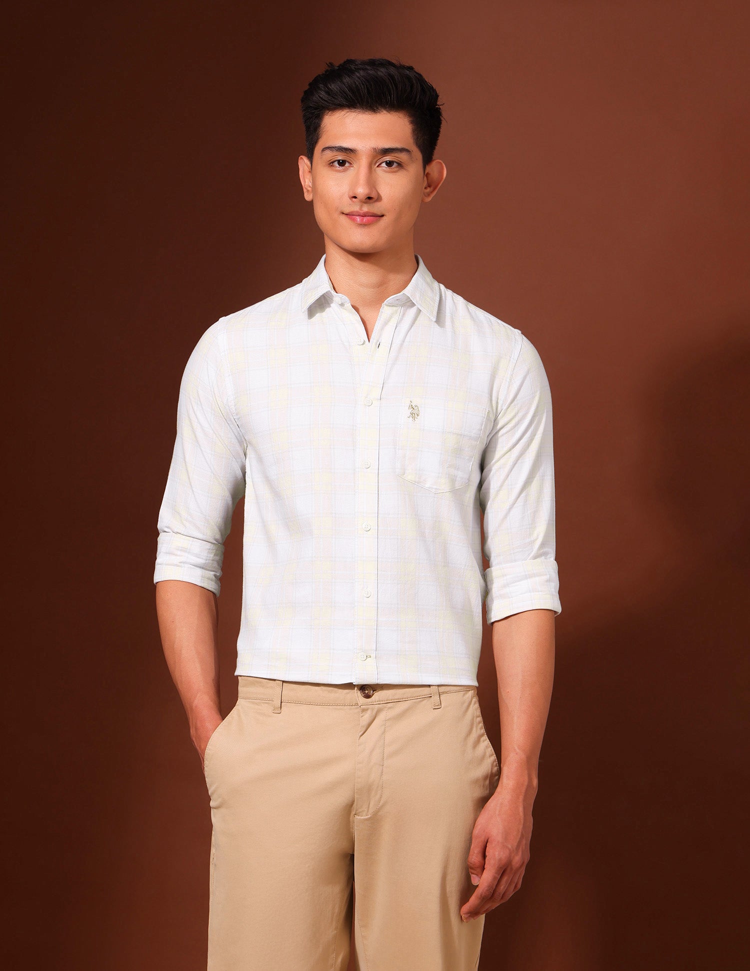 Grid Tattersall Checked Pure Cotton Shirt Beige - U.S. Polo Assn. India | Large