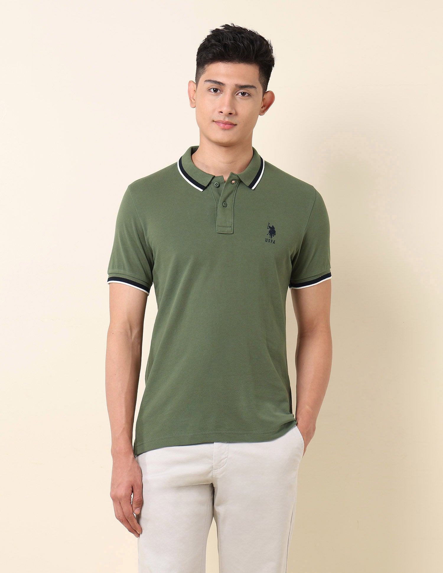 Solid Pure Cotton Polo Shirt Olive - U.S. Polo Assn. India | Large