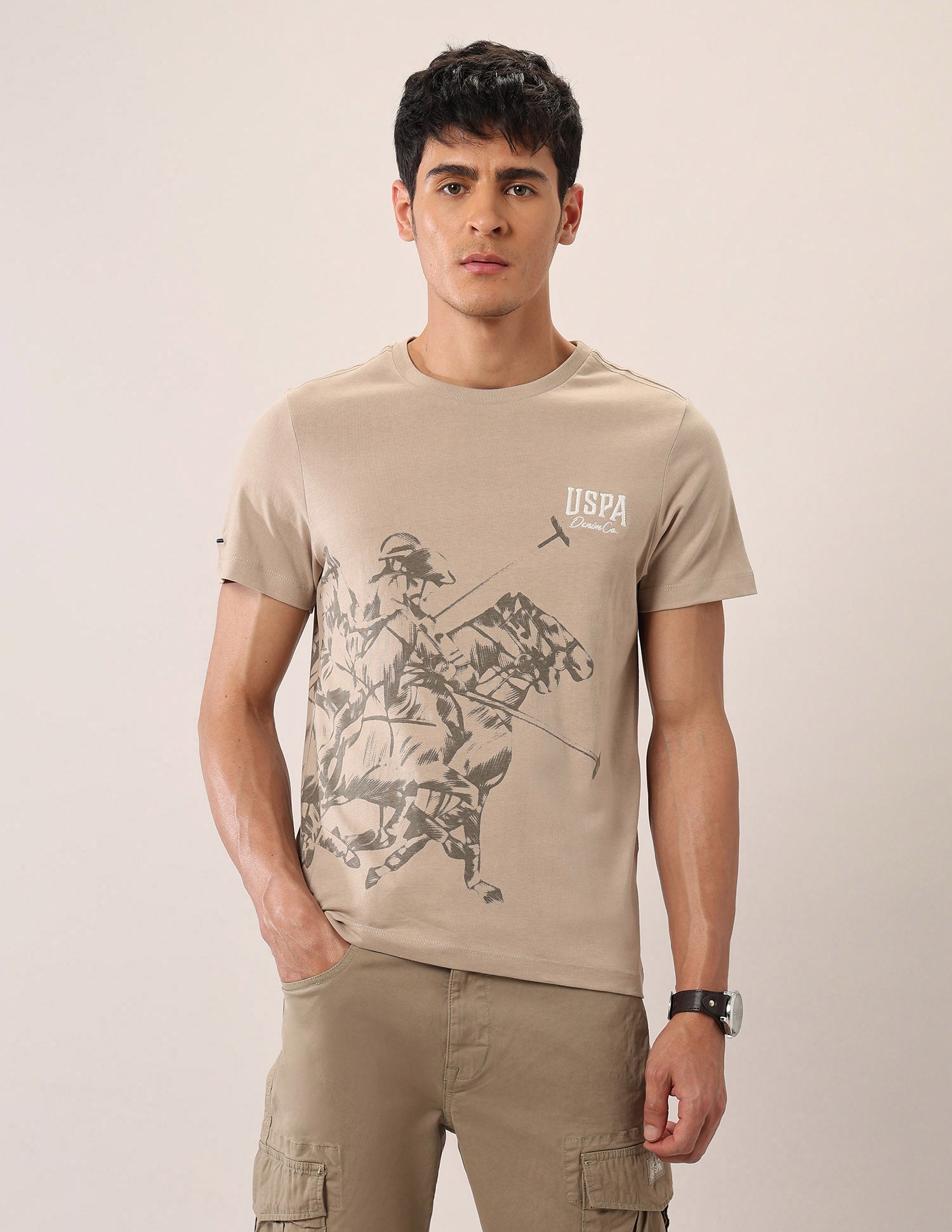 Graphic Printed Muscle Fit T-Shirt Beige - U.S. Polo Assn. India | Large