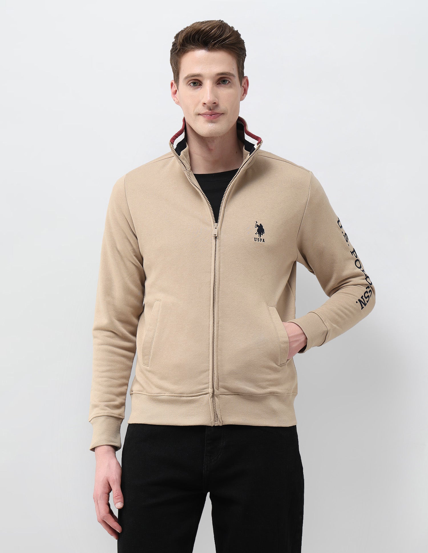 Brand Embroidered Zipper Sweatshirt Beige - U.S. Polo Assn. India | Large