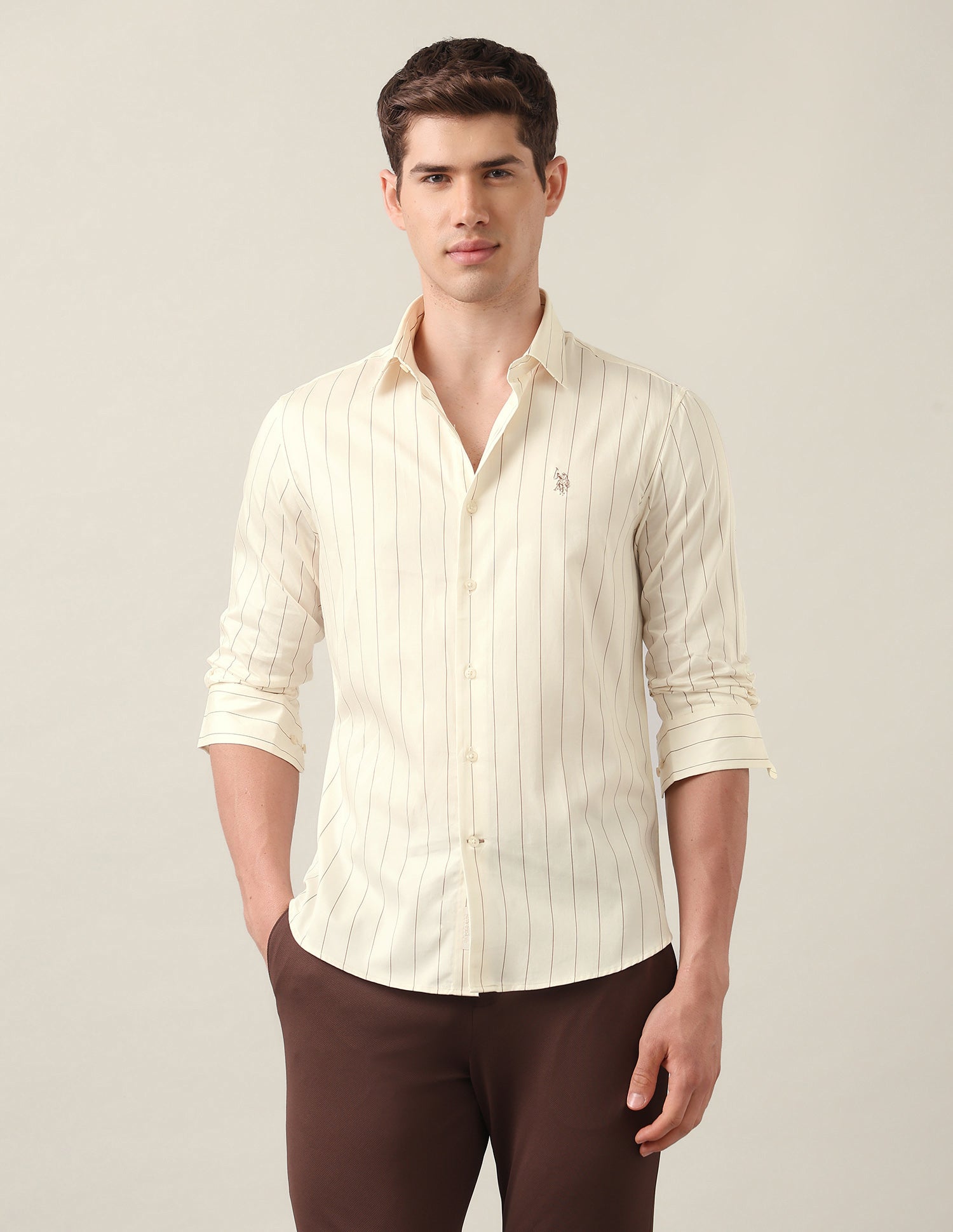 Vertical Striped Satin Shirt Beige - U.S. Polo Assn. India | Large