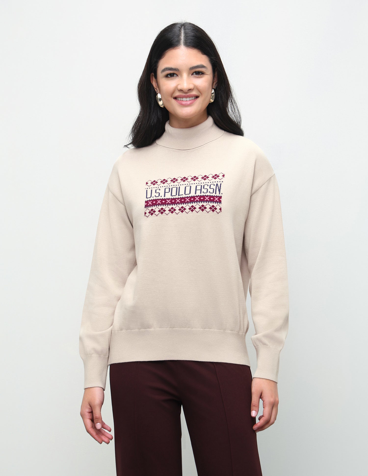 Brand Patterned Knit Regular Fit Sweater Off White - U.S. Polo Assn. India | Large