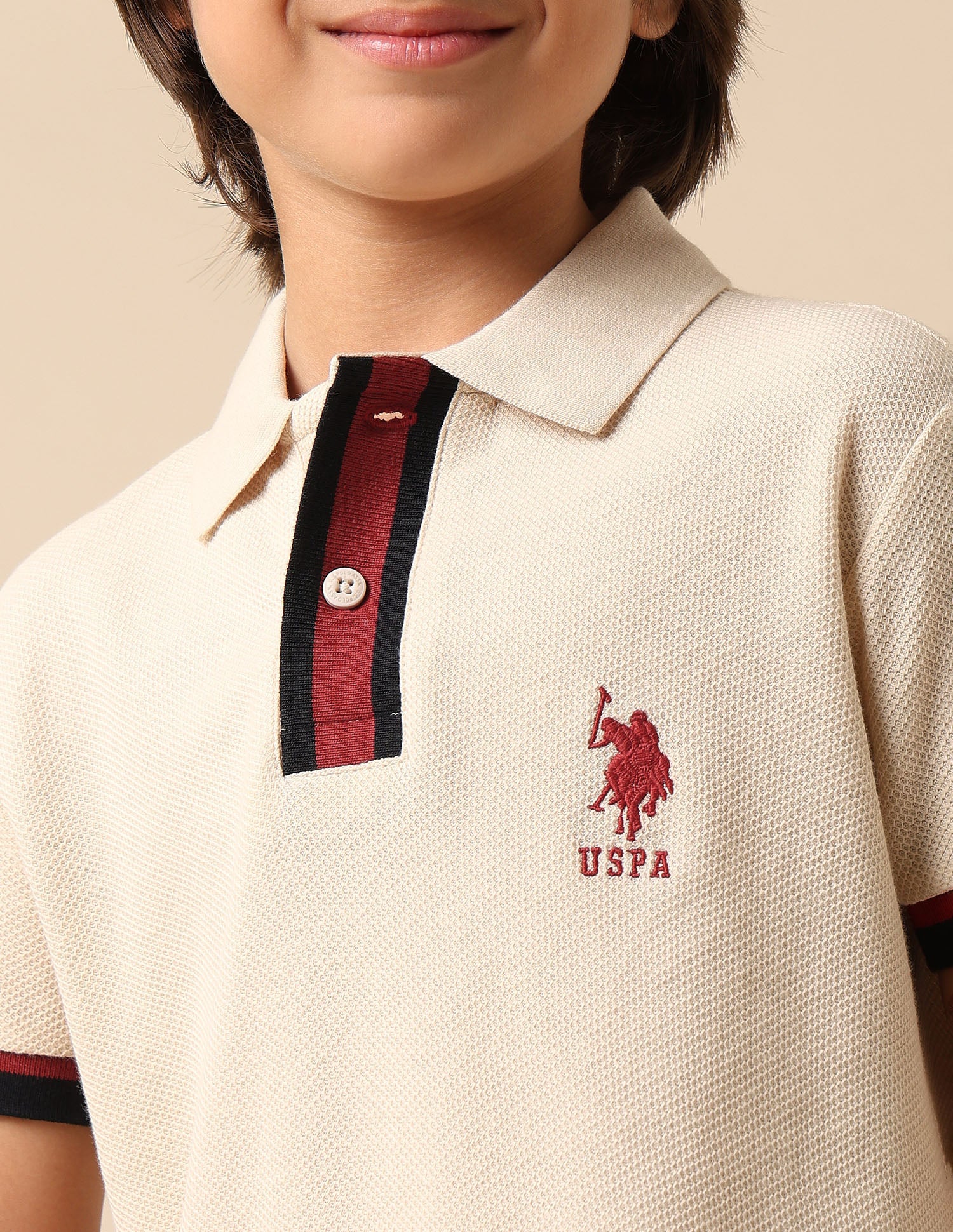 Boys Textured Pure Cotton Polo Shirt Beige - U.S. POLO ASSN. | Large
