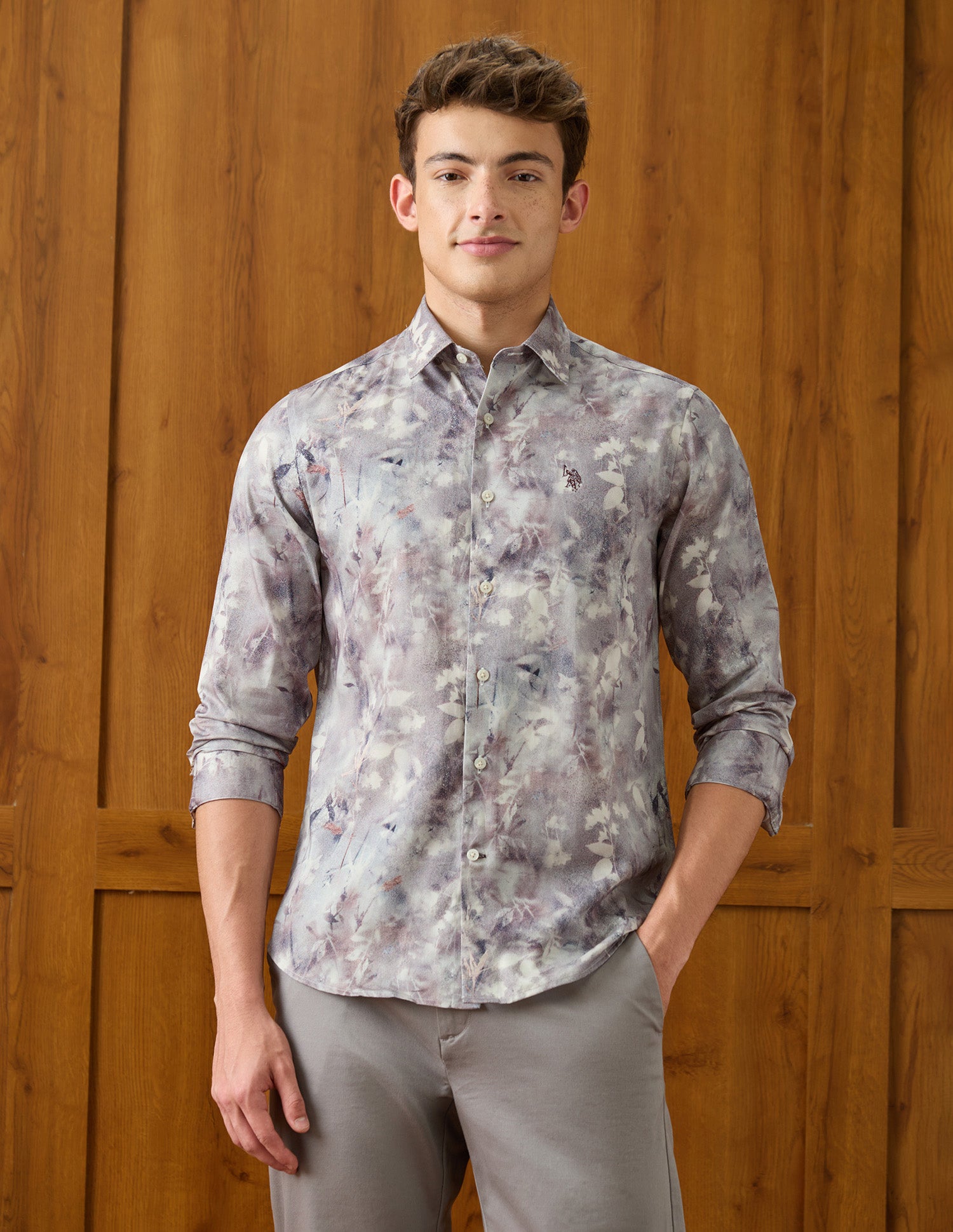 Tropical Printed Satin Shirt Light Grey - U.S. Polo Assn. India | Large