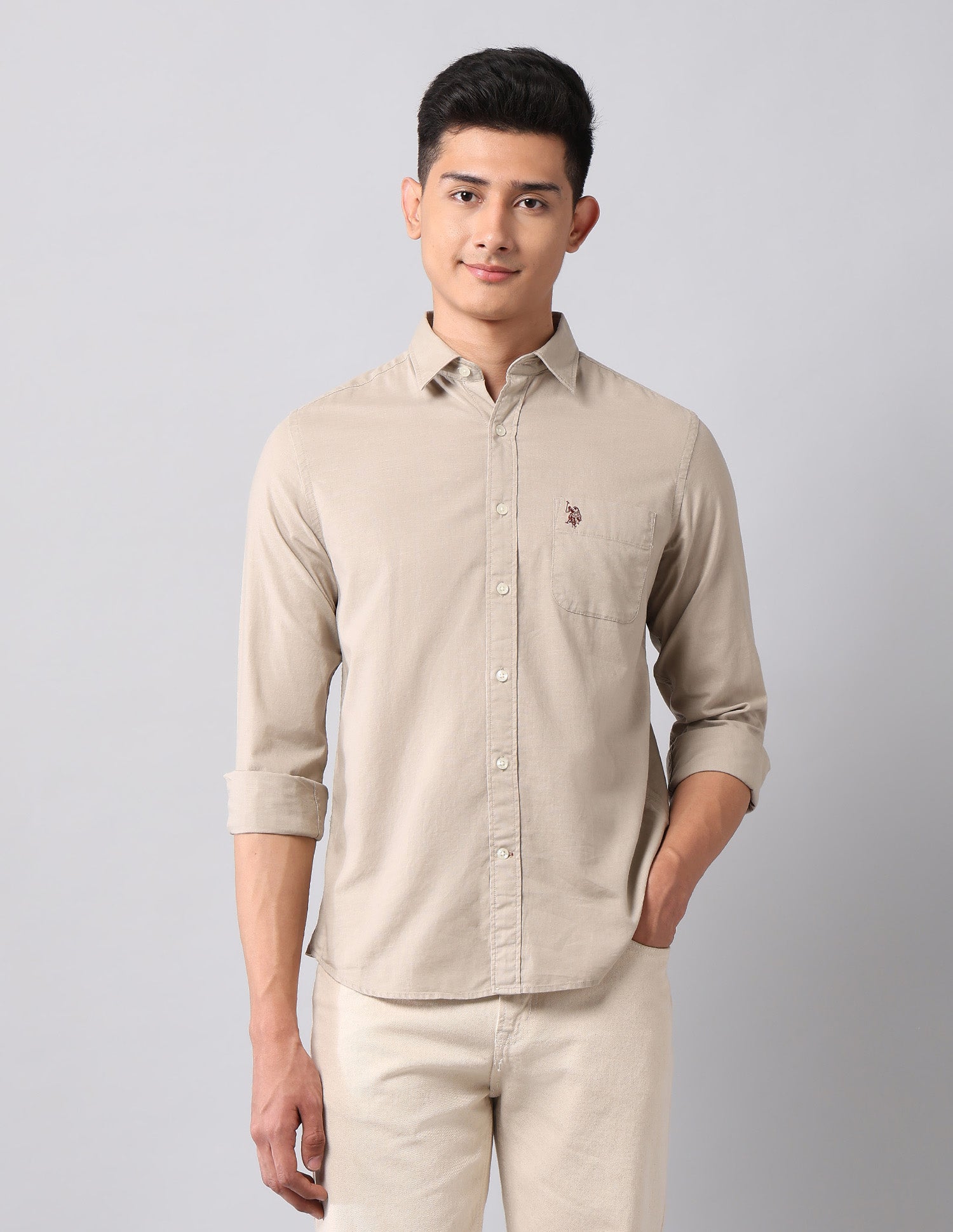 Solid Pure Cotton Shirt Beige - U.S. Polo Assn. India | Large