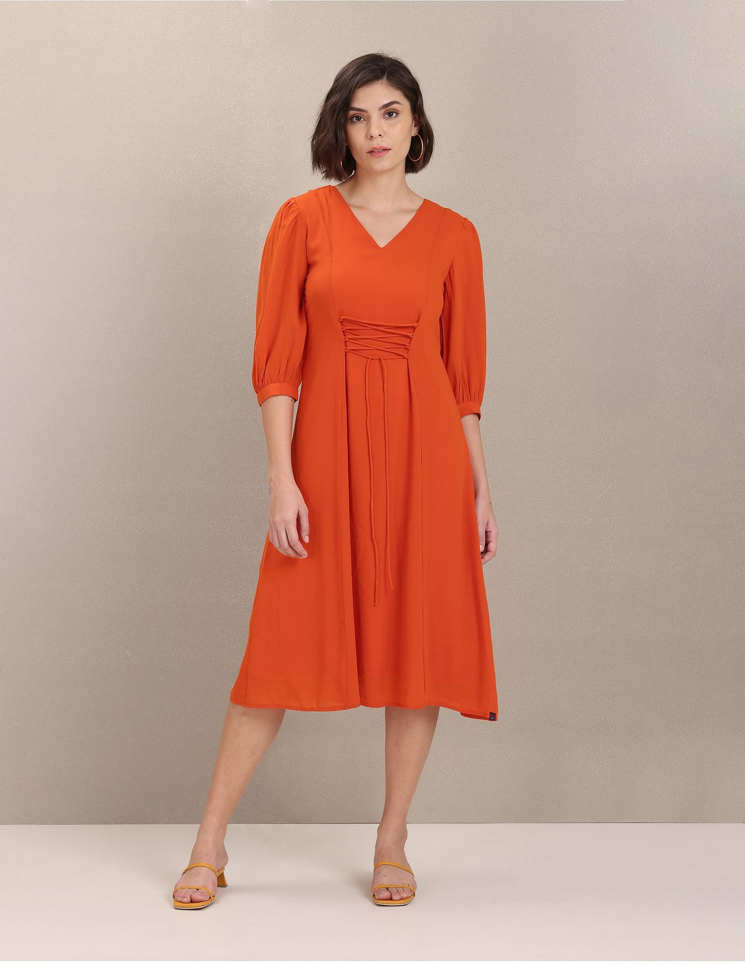 Solid Three Quarter Sleeve A-Line Dress Orange - U.S. Polo Assn. India | Large