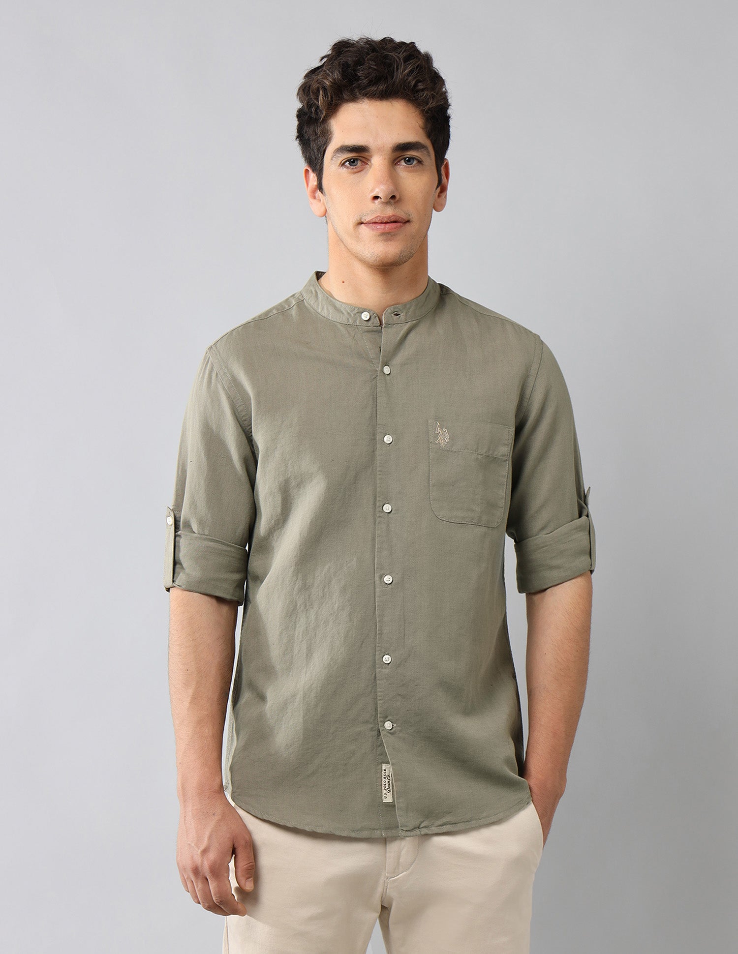 Solid Mandarin Collar Shirt Olive - U.S. Polo Assn. India | Large