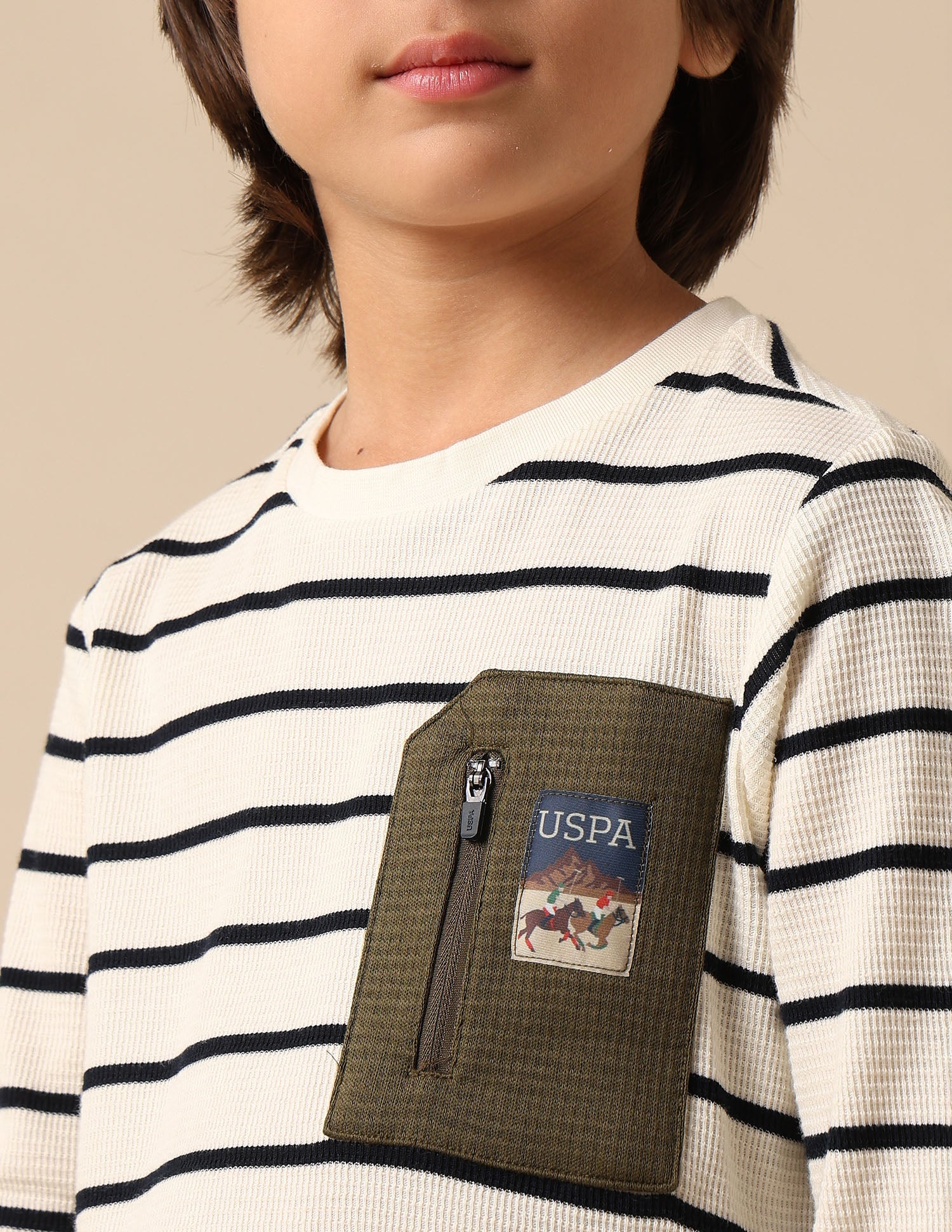 Boys Horizontal Striped Regular Fit T Shirt Off White - U.S. POLO ASSN. | Large