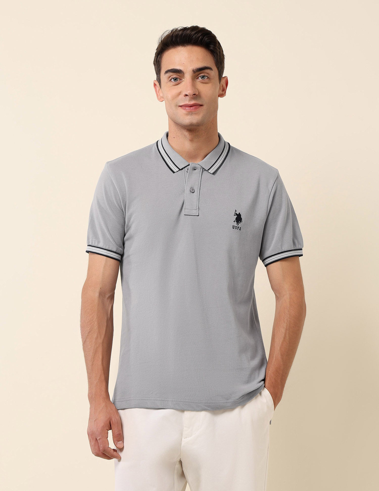 Slim Fit Solid Polo Shirt Light Grey - U.S. Polo Assn. India | Large