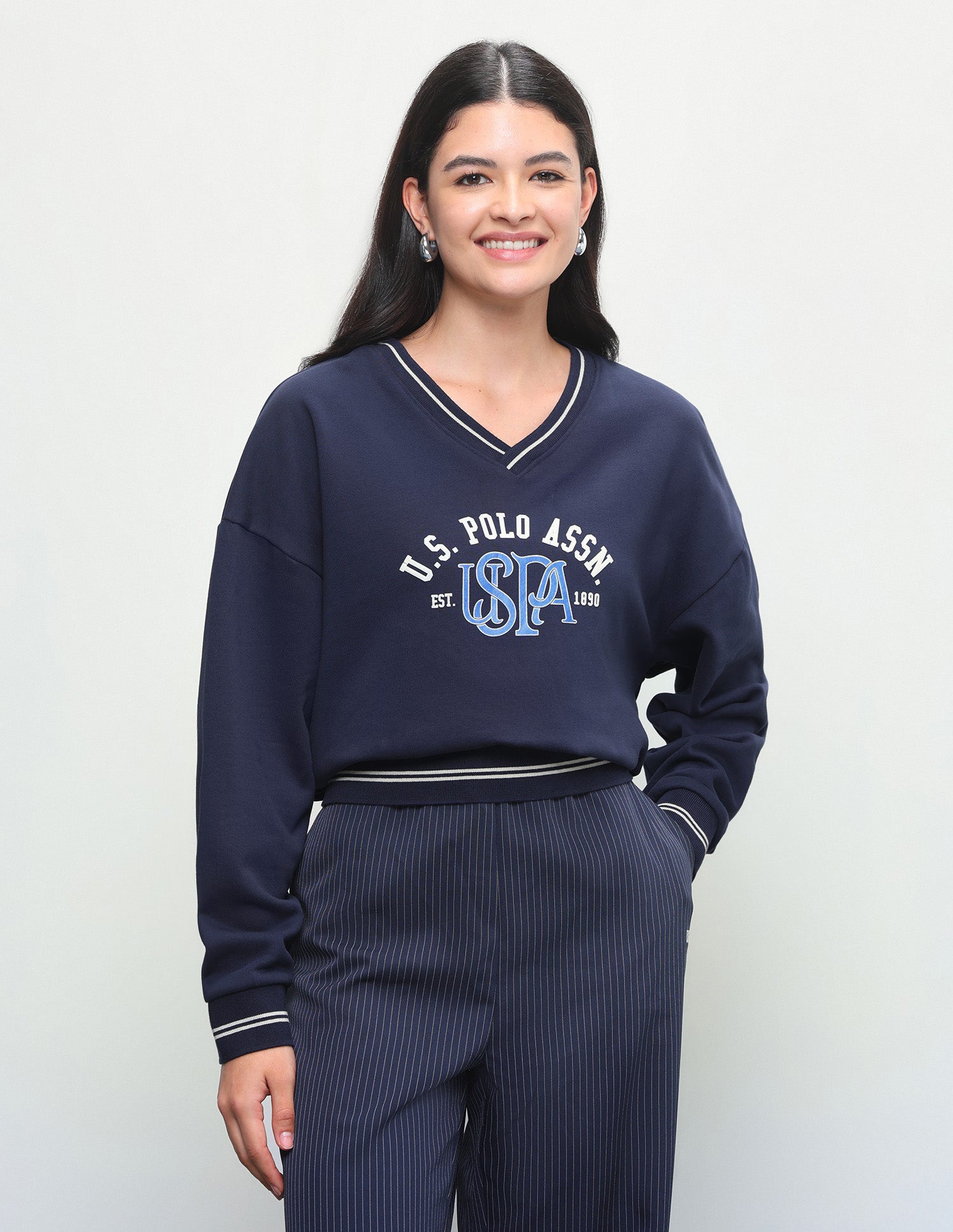 Typographic Brand Printed Oversized Fit Sweatshirt Dark Blue - U.S. Polo Assn. India | Large