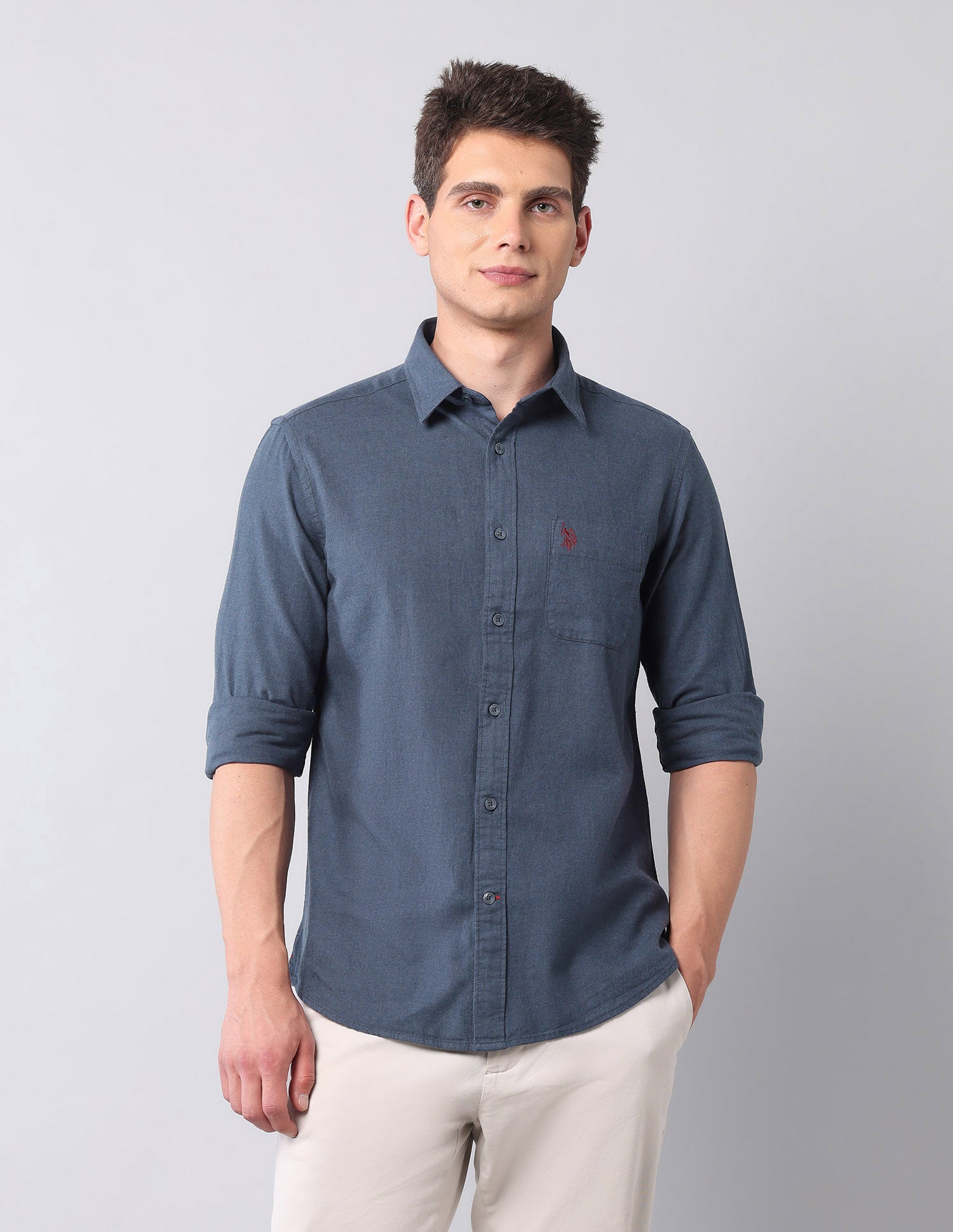 Regular Fit Pure Cotton Shirt Dark Blue - U.S. Polo Assn. India | Large