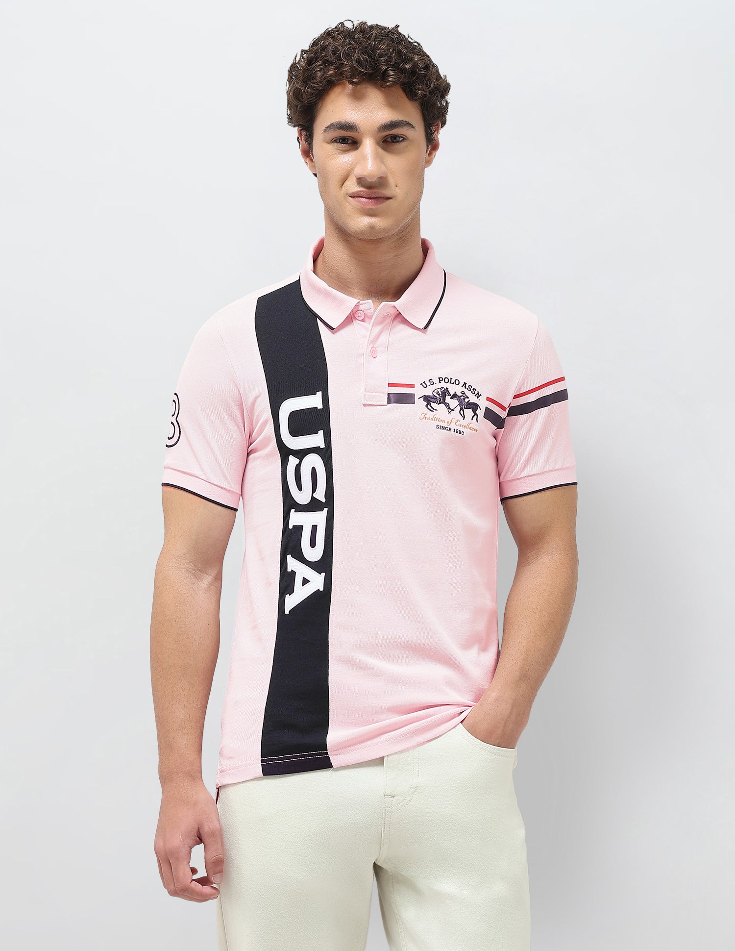 Colorblocked Brand Embroidered Slim Fit Polo Shirt Light Pink - U.S. Polo Assn. India | Large