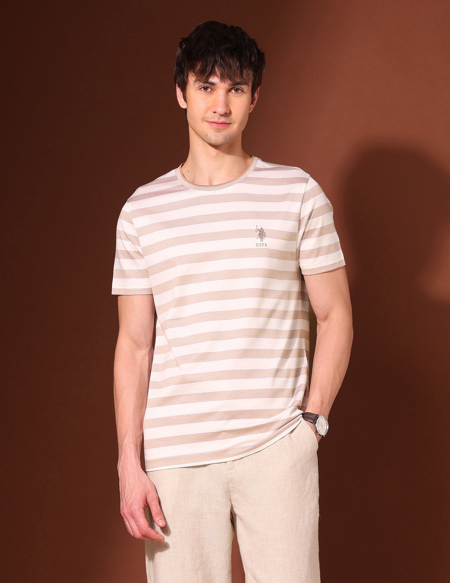 Horizontal Striped Working Holiday T-Shirt Beige - U.S. Polo Assn. India | Large