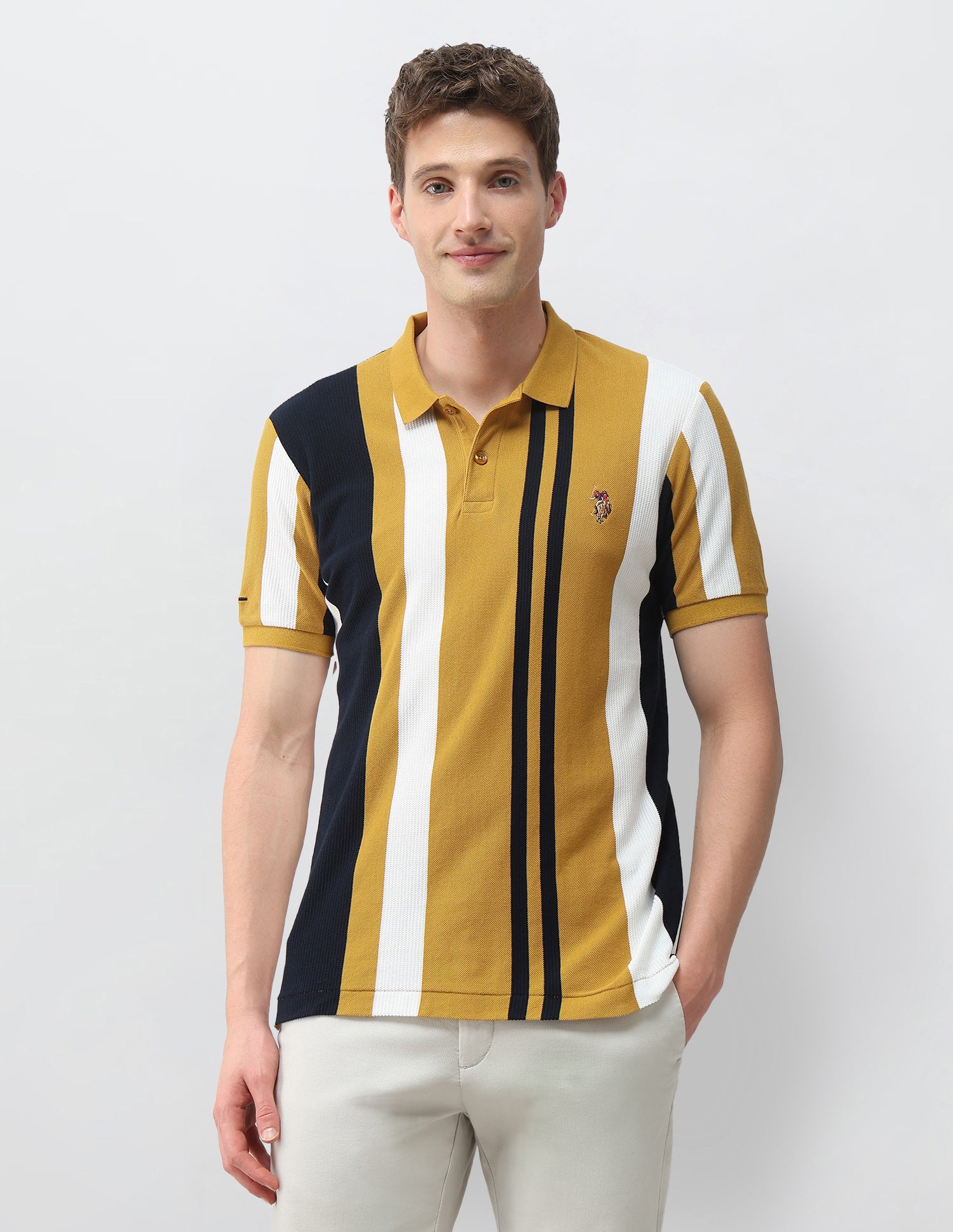 Vertical Striped Slim Fit Polo Shirt Mustard - U.S. Polo Assn. India | Large