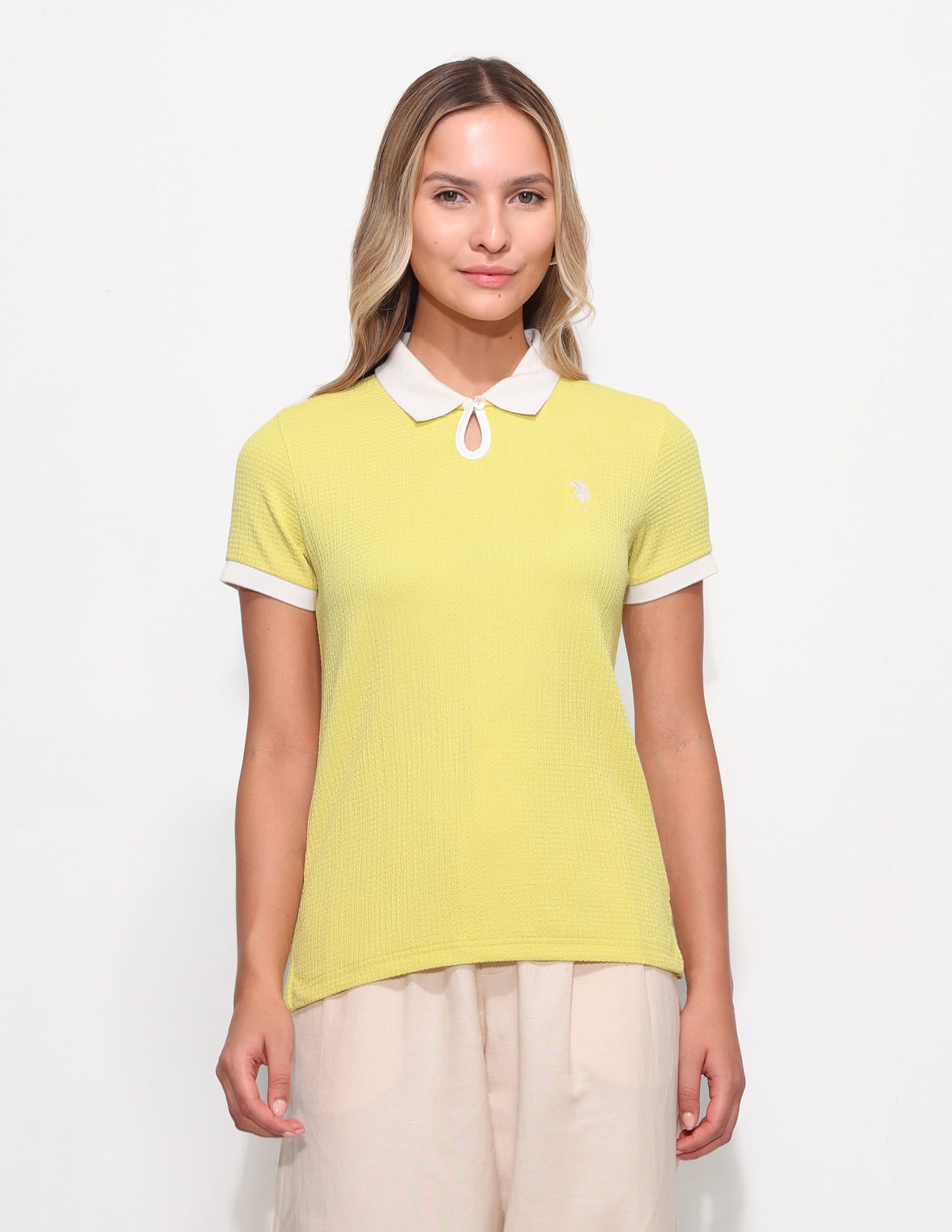 Contrast Collar With From Key Hole Tectured Polo Green - U.S. Polo Assn. India | Large
