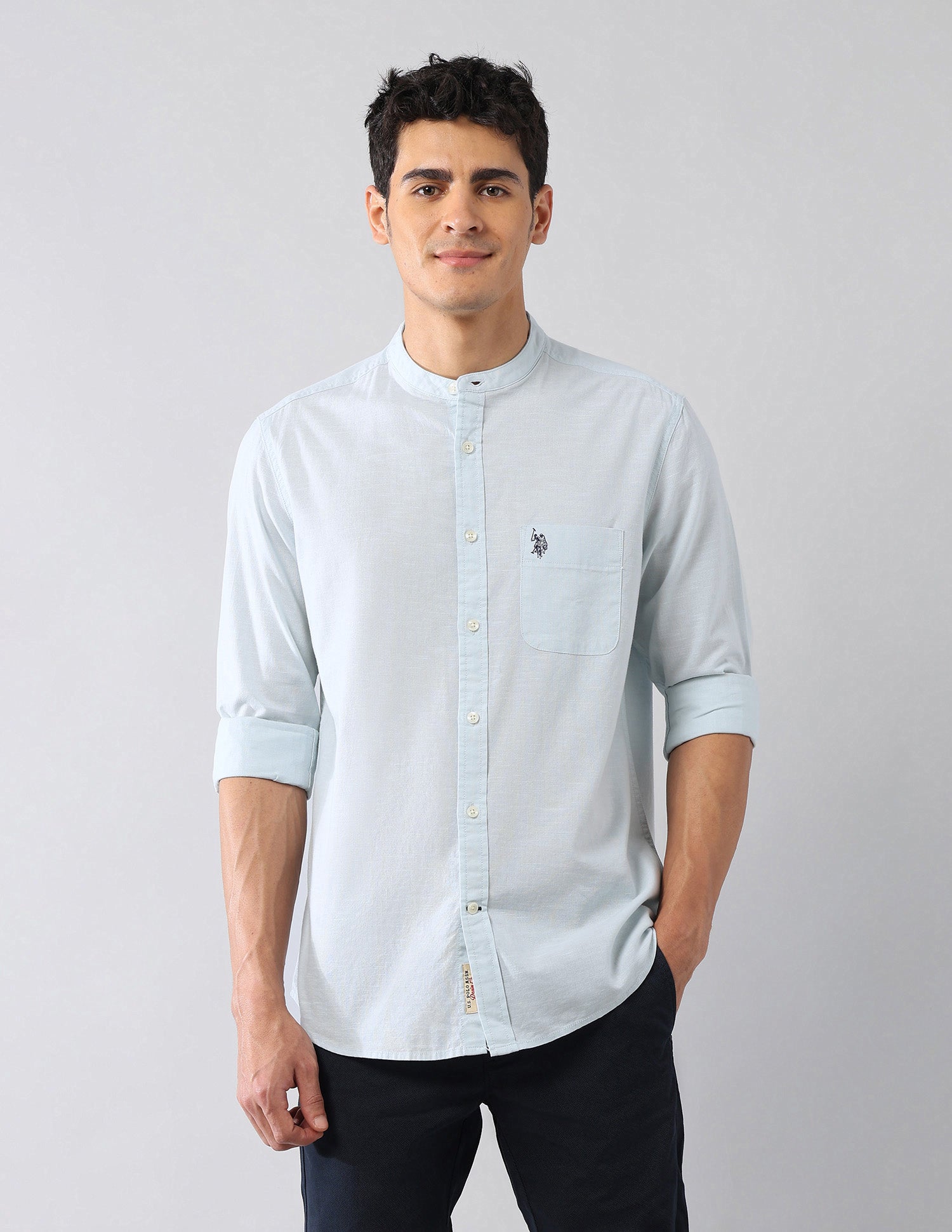 Solid Regular Fit Mandarin Shirt Aqua - U.S. Polo Assn. India | Large