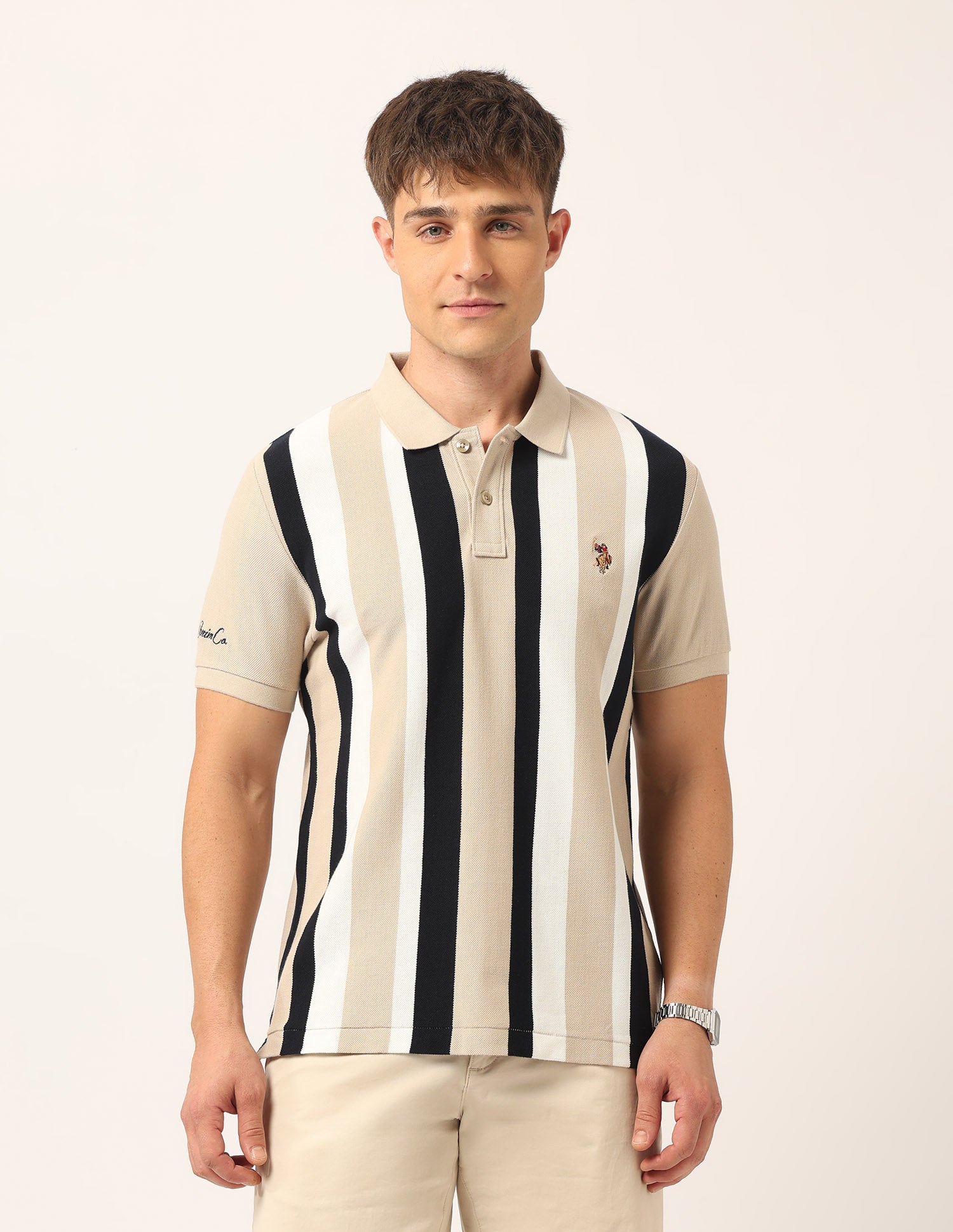 Vertical Striped Muscle Fit Polo Shirt Beige - U.S. Polo Assn. India | Large